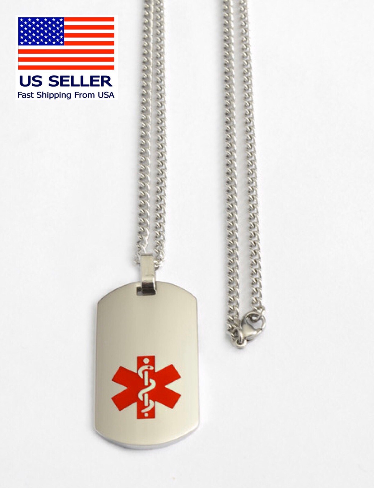 Medical Alert ID Necklace – FREE ENGRAVING / WALLET CARD & Ship -Dog Tag -USA