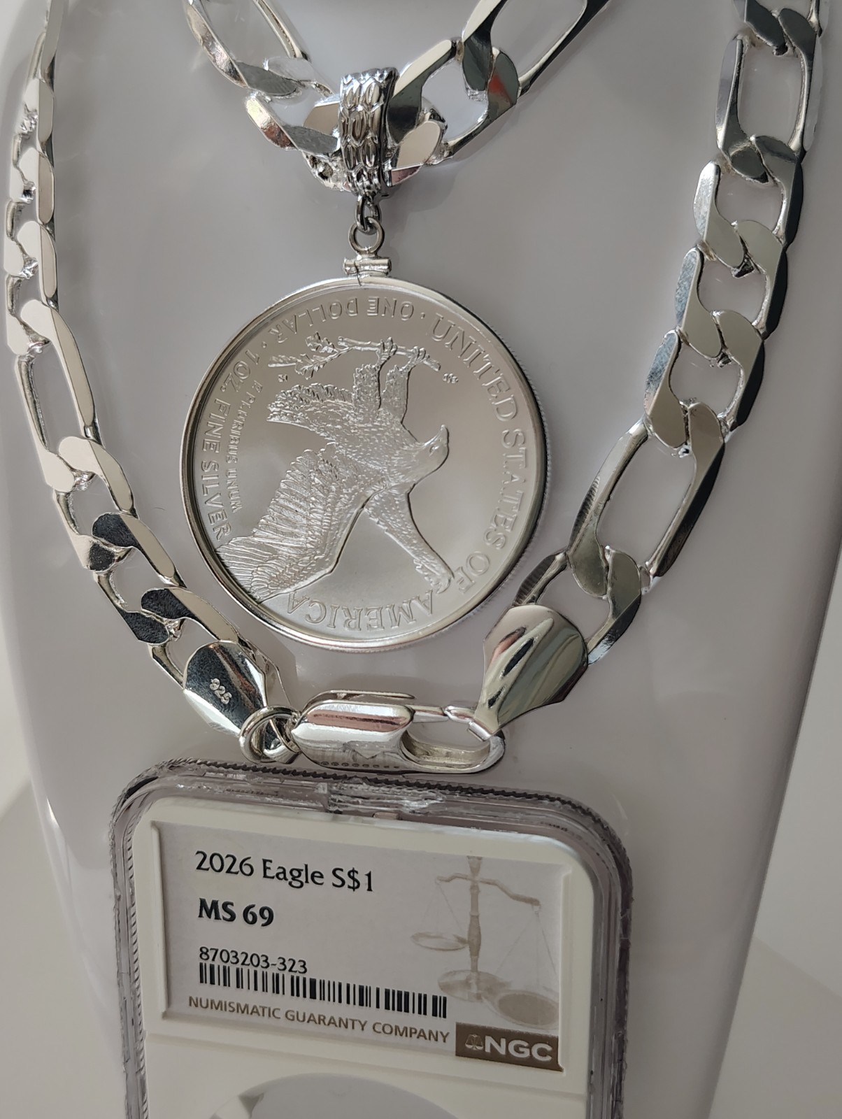 Silver Plated Necklace With Coin 2026 MS 69 Silver American Eagle 1 Oz (26″/12mm