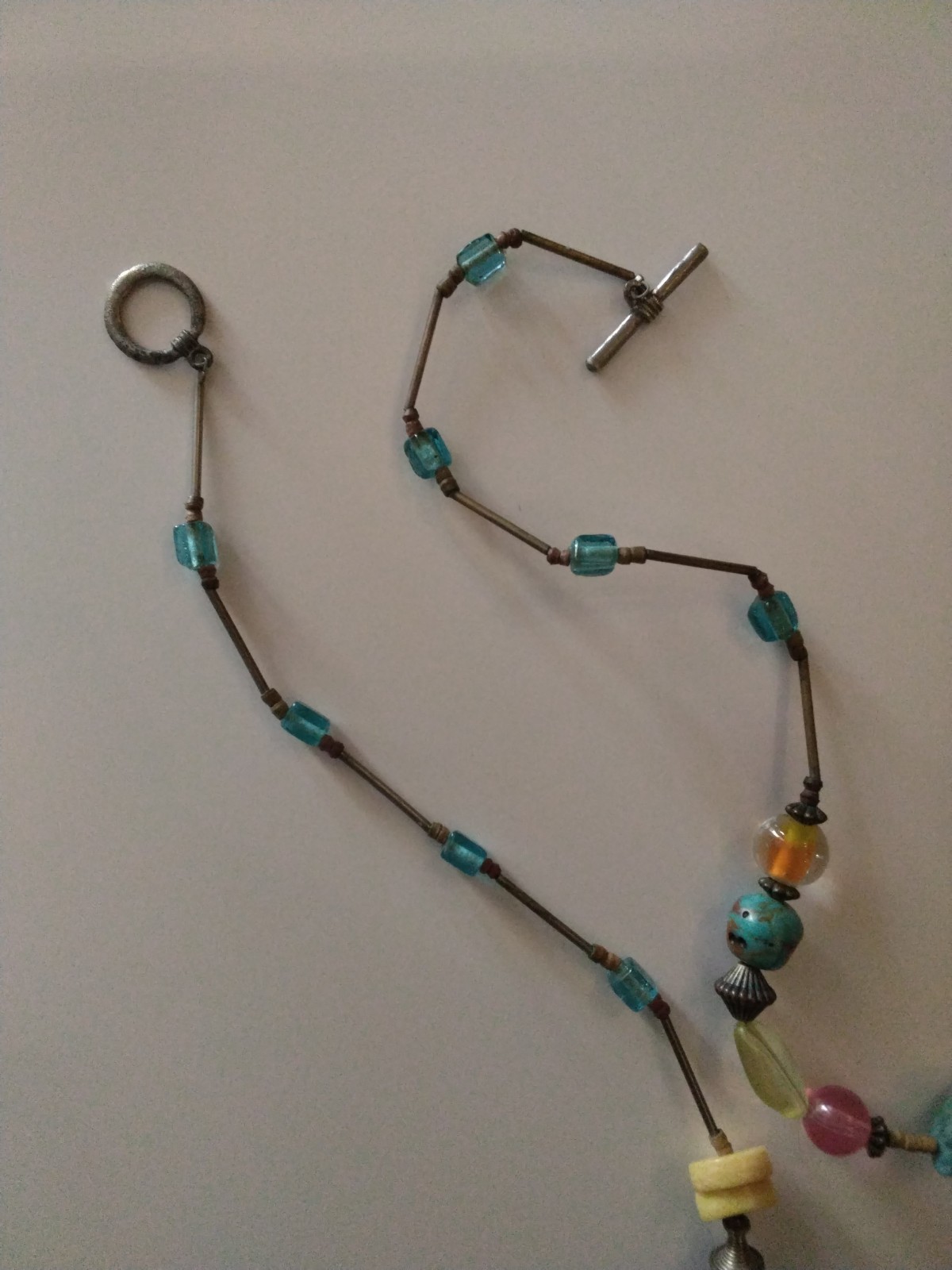 Vintage Bohemian Mixed Media Beaded Necklace 34″ Art Glass Wood Stone Shell