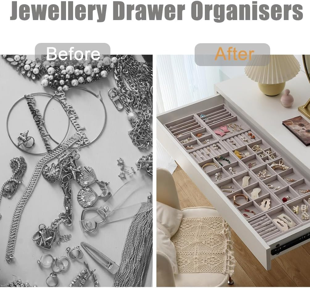10 Pack Jewelry Organizer Tray Drawer Inserts Stackable Velvet Liner Dividers Cu