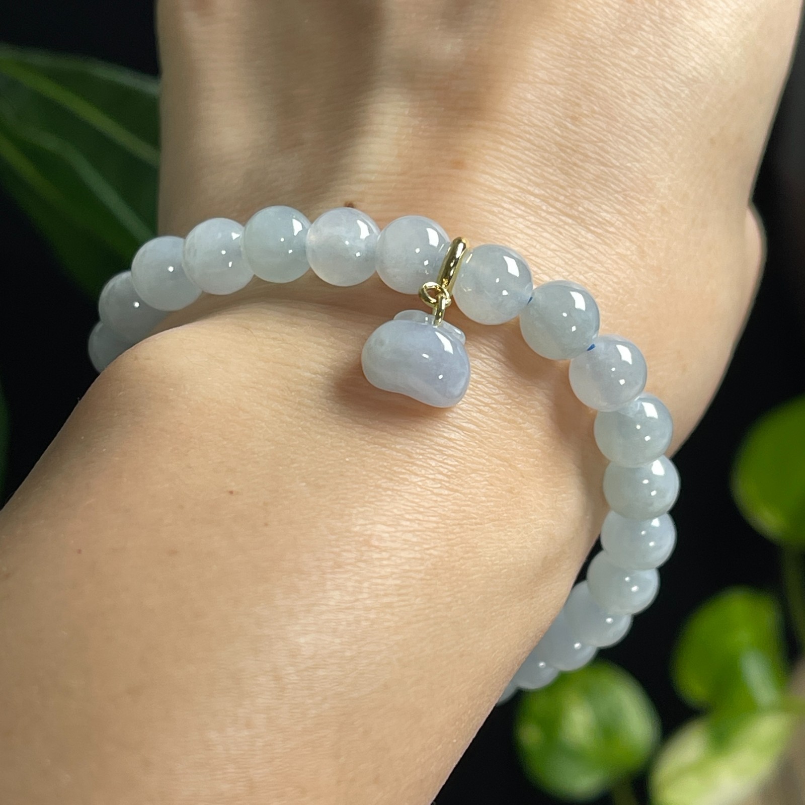 Certified Natural Jadeite Skyblue Beads Bracelet With Apple Charm 0302