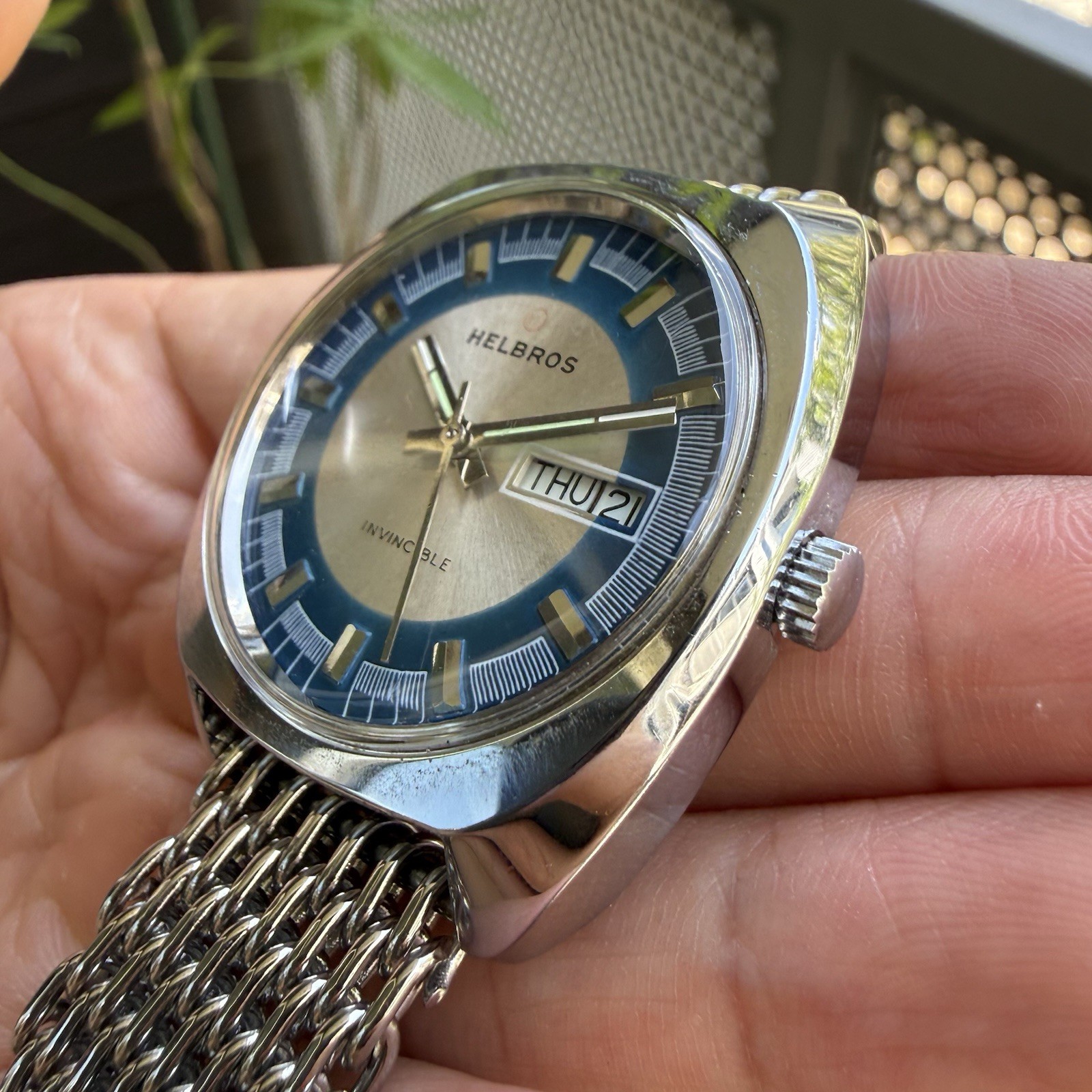 Vintage Helbros Invincible Day Date Stainless Steel Silver Blue Dial Men’s Watch