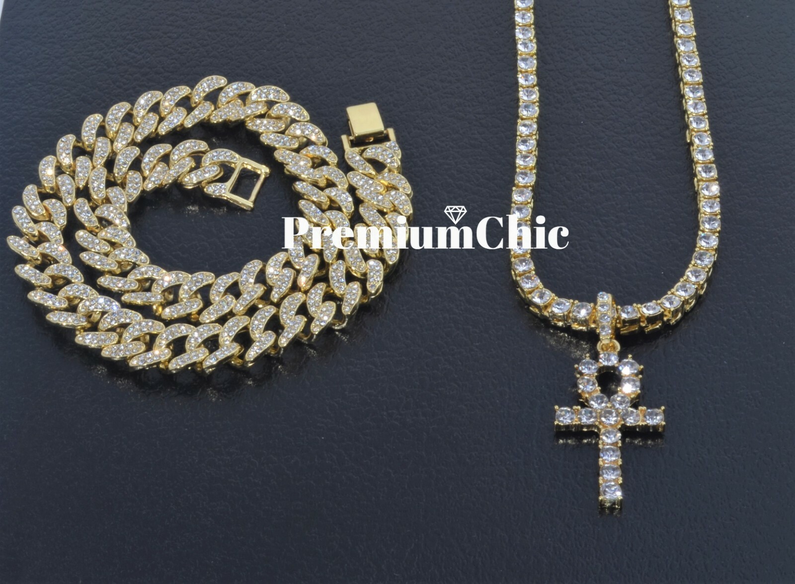 Gold Plated Men ANKH Pendant Tennis Necklace & Miami Cuban Choker CZ Jewelry SET
