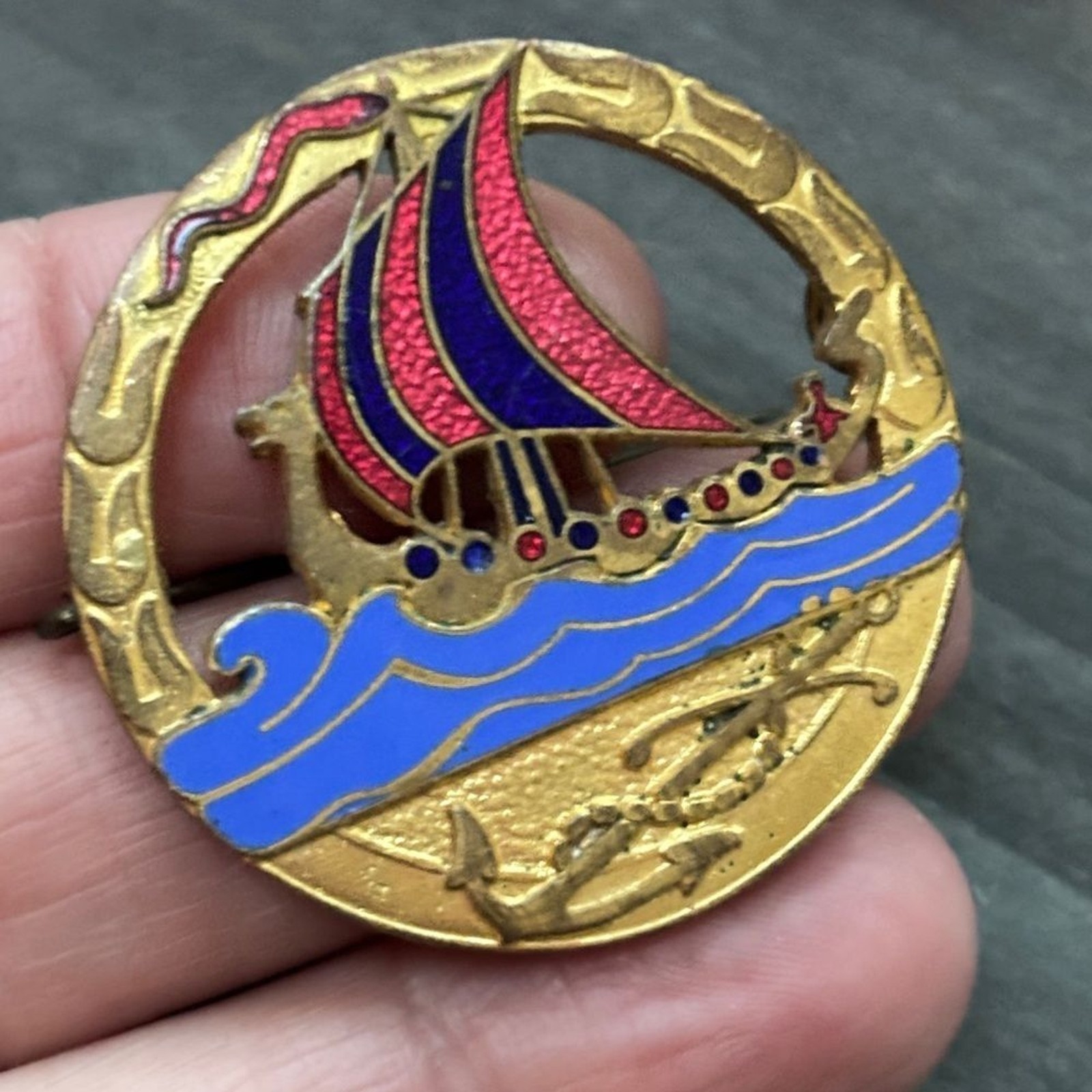 Vintage Lagerströms Mjölby Viking Ship Brooch with Pink and Blue Accents