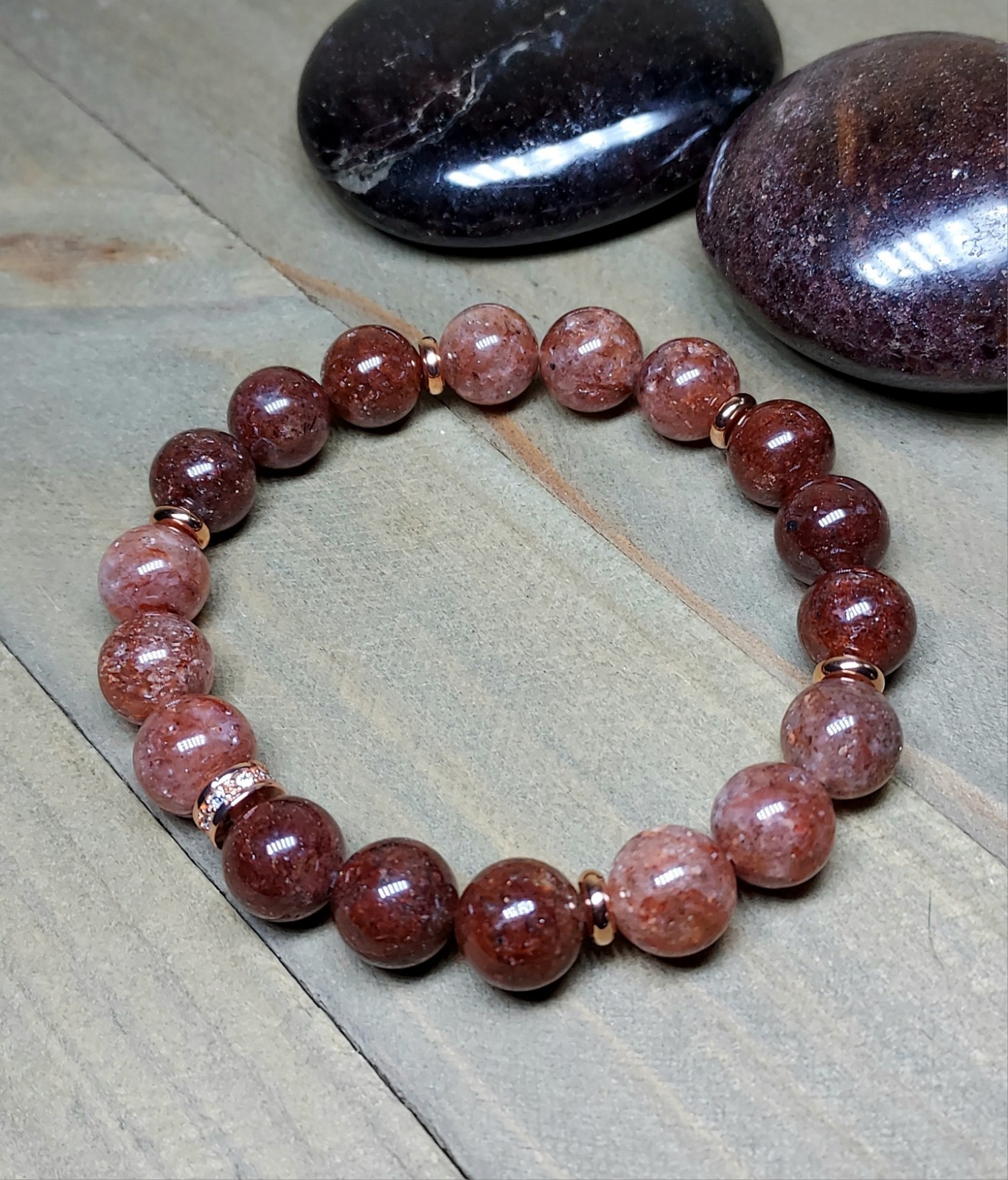 Red Phantom Quartz Gem Bead Bracelet In Rose Gold Stretch One of a Kind 6.75″