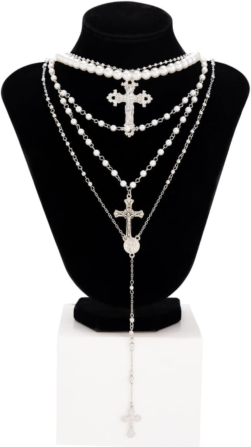 Silver Layered Cross Necklace Set for Women, 4Pcs Pearl Rosary Choker Chunky Chr