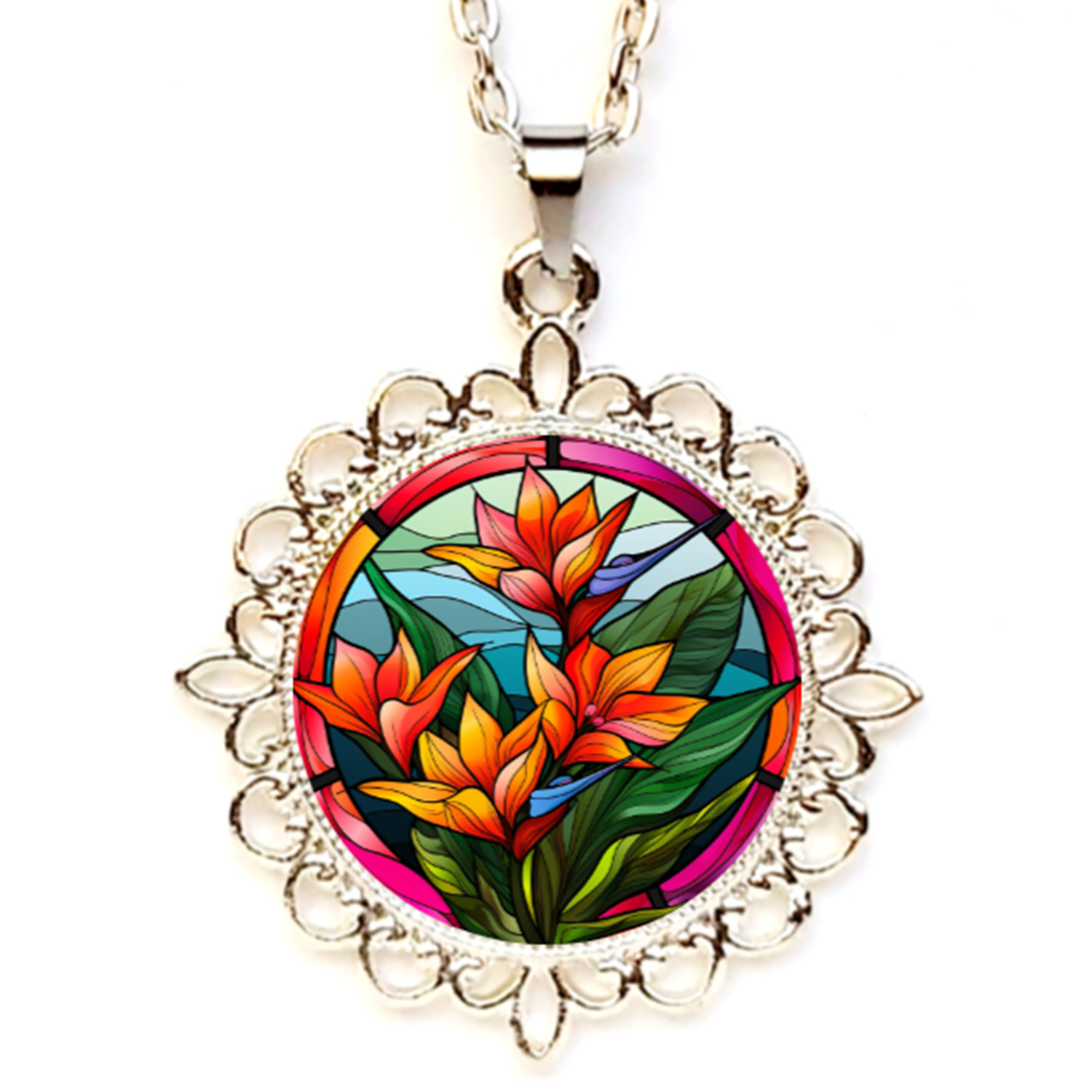 Bird of Paradise Filigree Bezel Pendant/Necklace Silver Gold Rose Gold Tone US