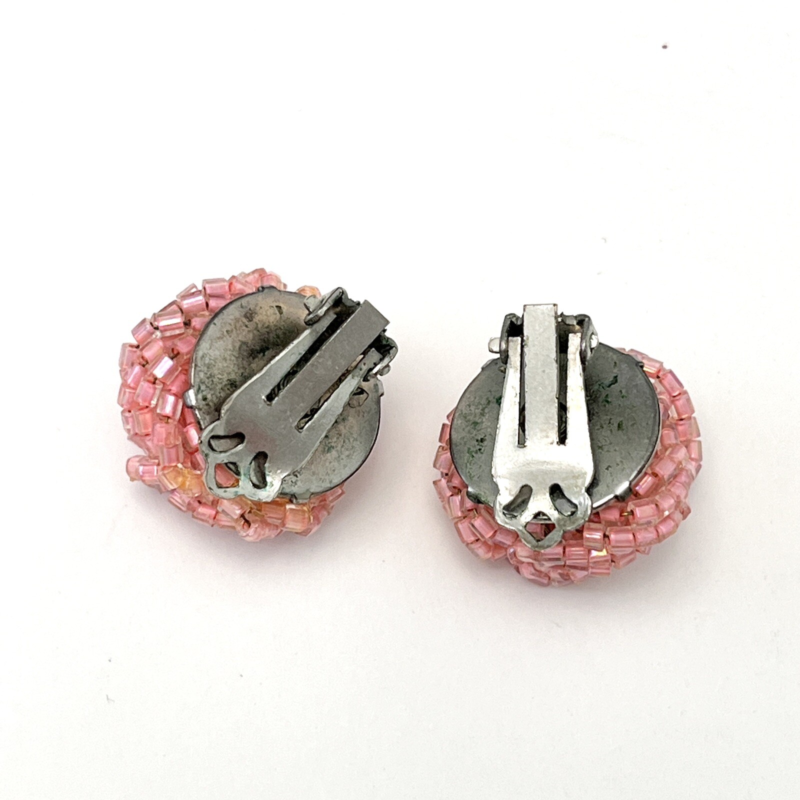 Vintage Pink Beaded Chunky Cluster Clip On Statement Earrings 1.8 cm