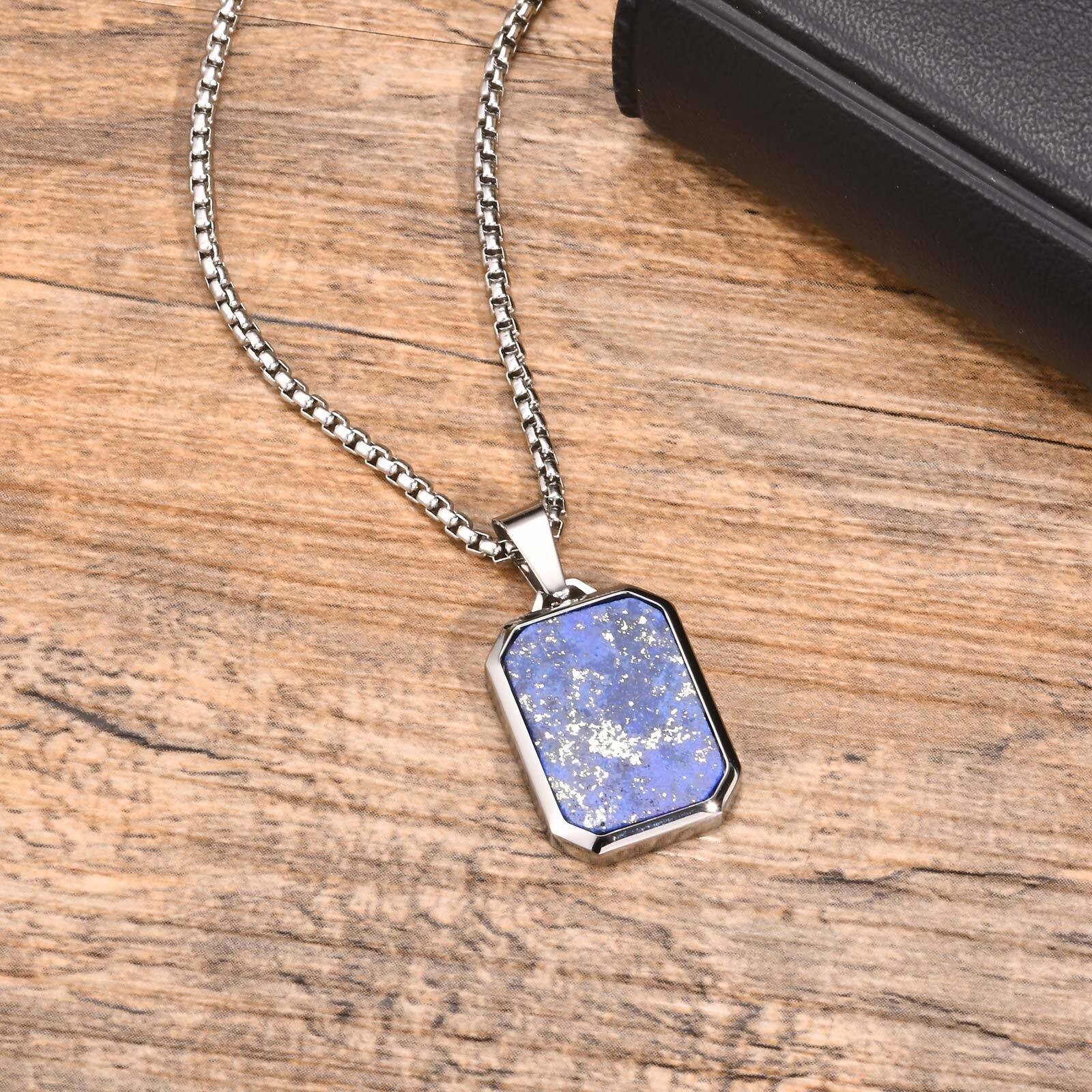 Stainless Steel Necklace Square Lapis Lazuli Pendant Tiger Eye Stone Premium