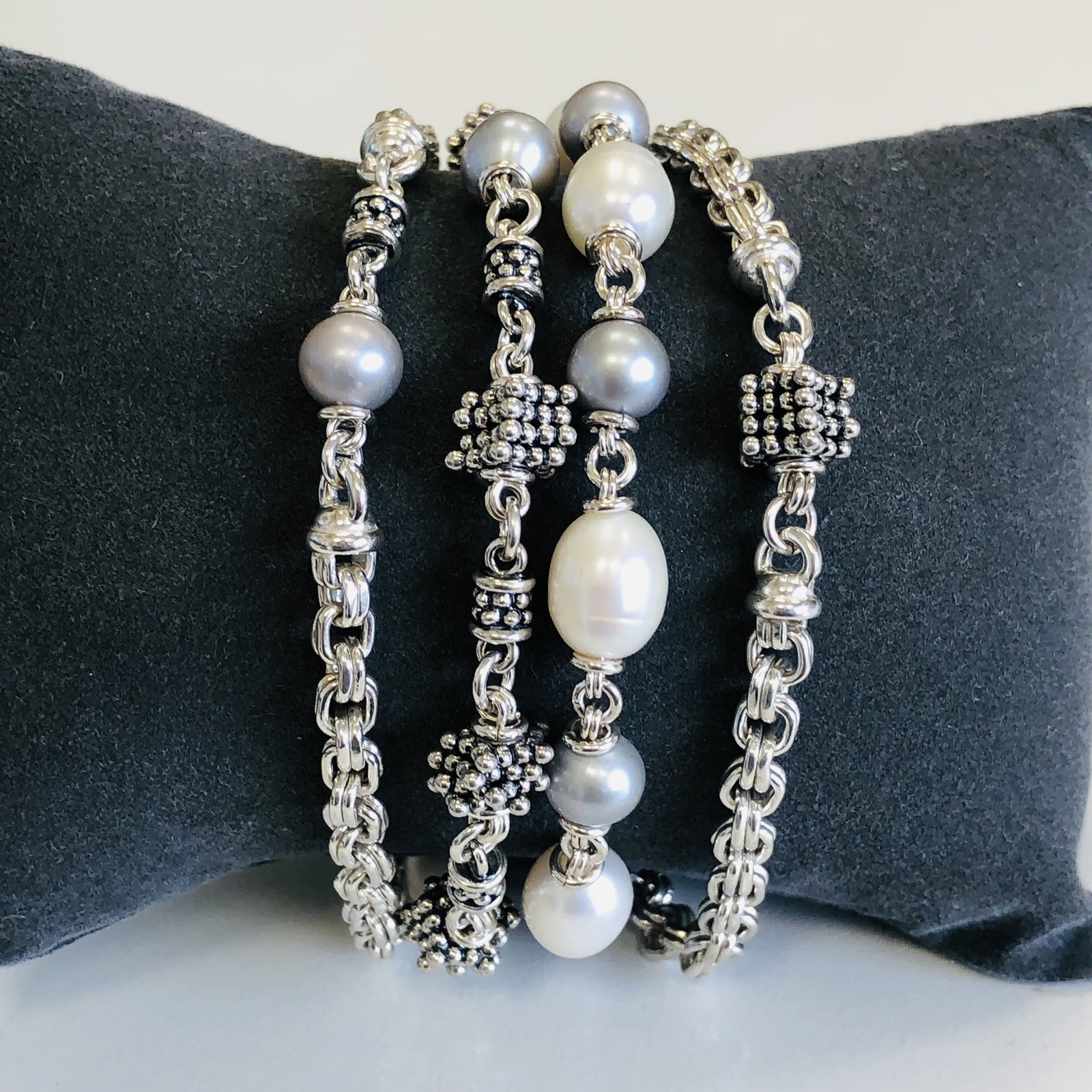 Excellent! Michael Dawkins Sterling Silver & Pearl 4-Strand Chain Bracelet 8″