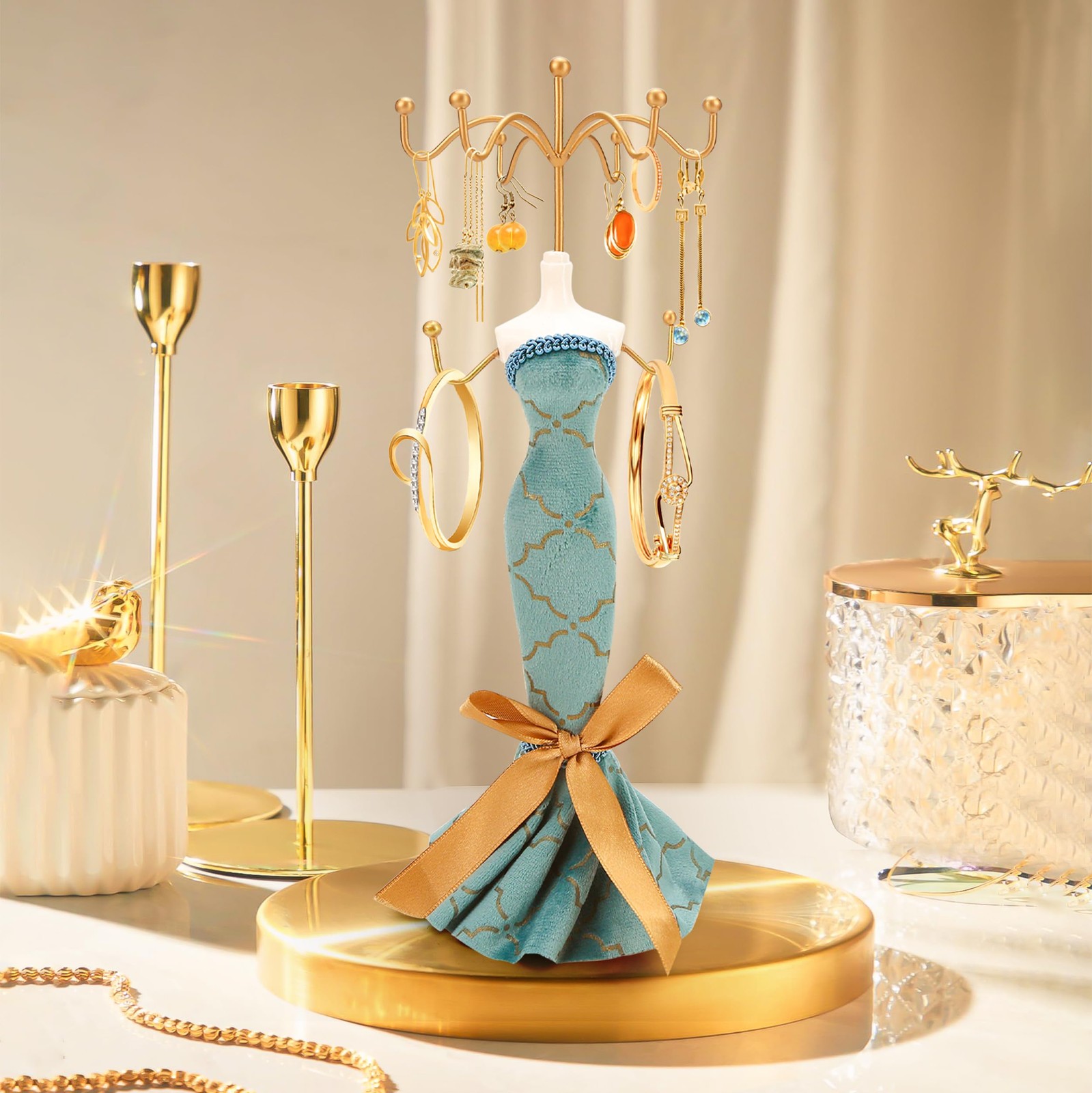 Lady Mannequin Doll Jewelry Stand Holder, 2 Tier Blue Rotating Necklace and B…