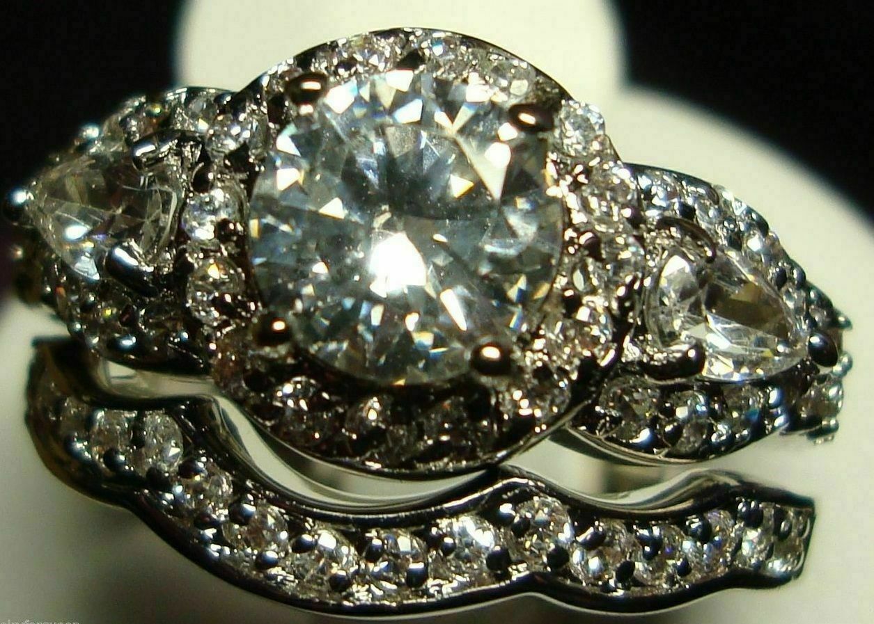 3.29Ct Round Cut Moissanite Engagement Wedding Bridal Ring Set 14K White Gold