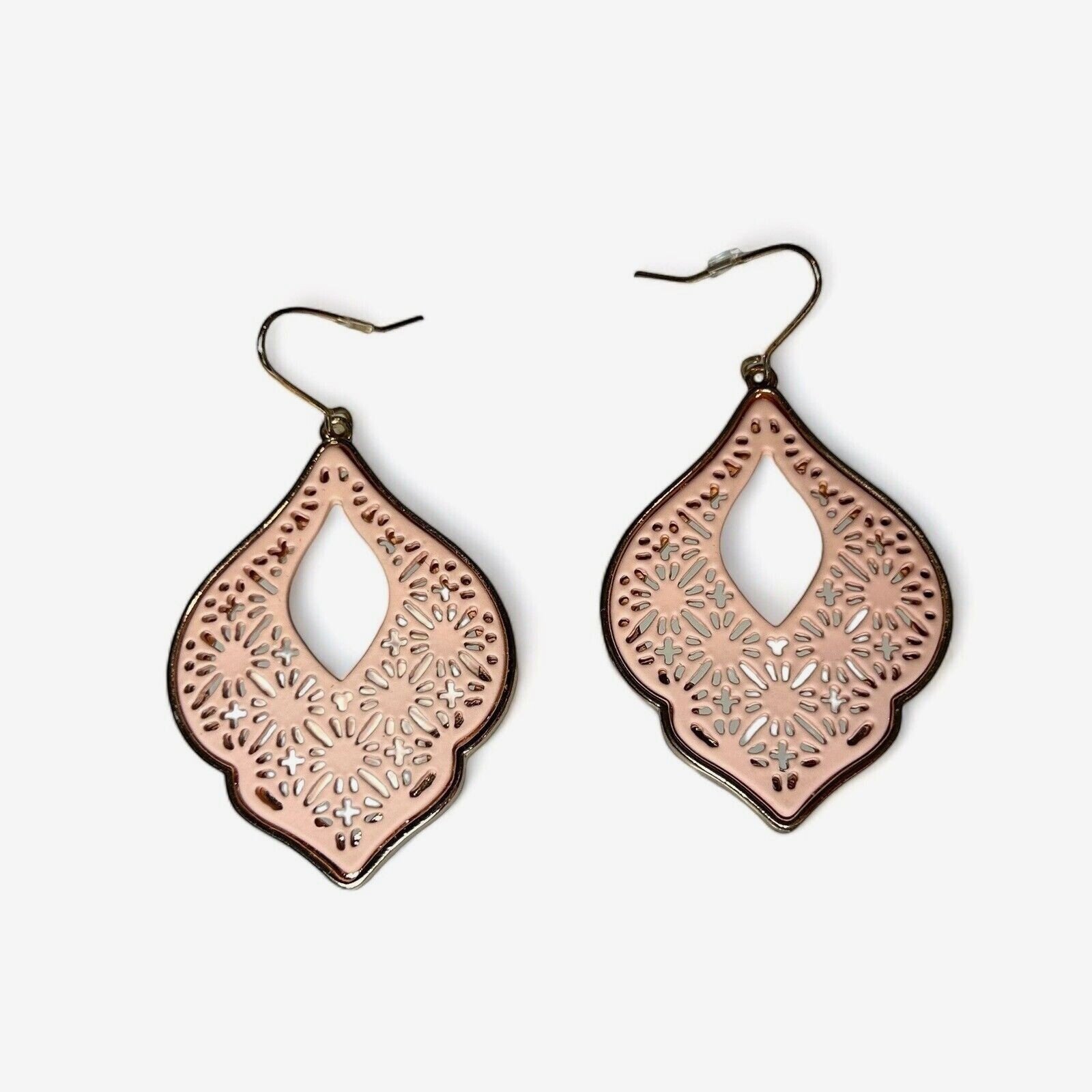 Pink Gold Tone Cut Out Taj Mahal Boho Dangle Earrings Pierced Filigree Jewelry