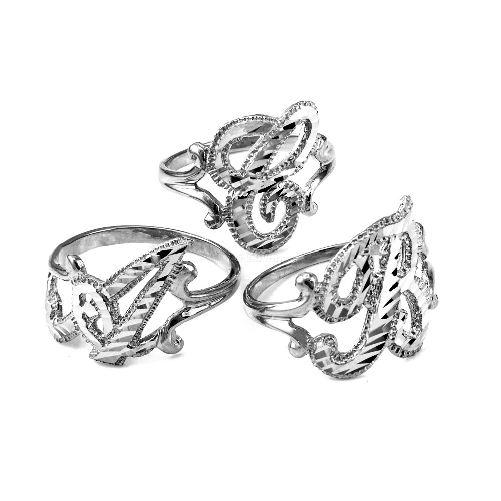 Elegant Sterling Silver Sparkle-Cut Cursive Letter Initial Script Ring for Women