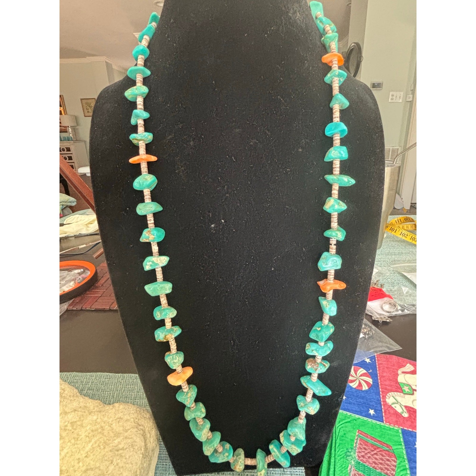 Vintage Turquoise Nugget & Shell Heishi Necklace Hand Tied 84g 17.5 Inch