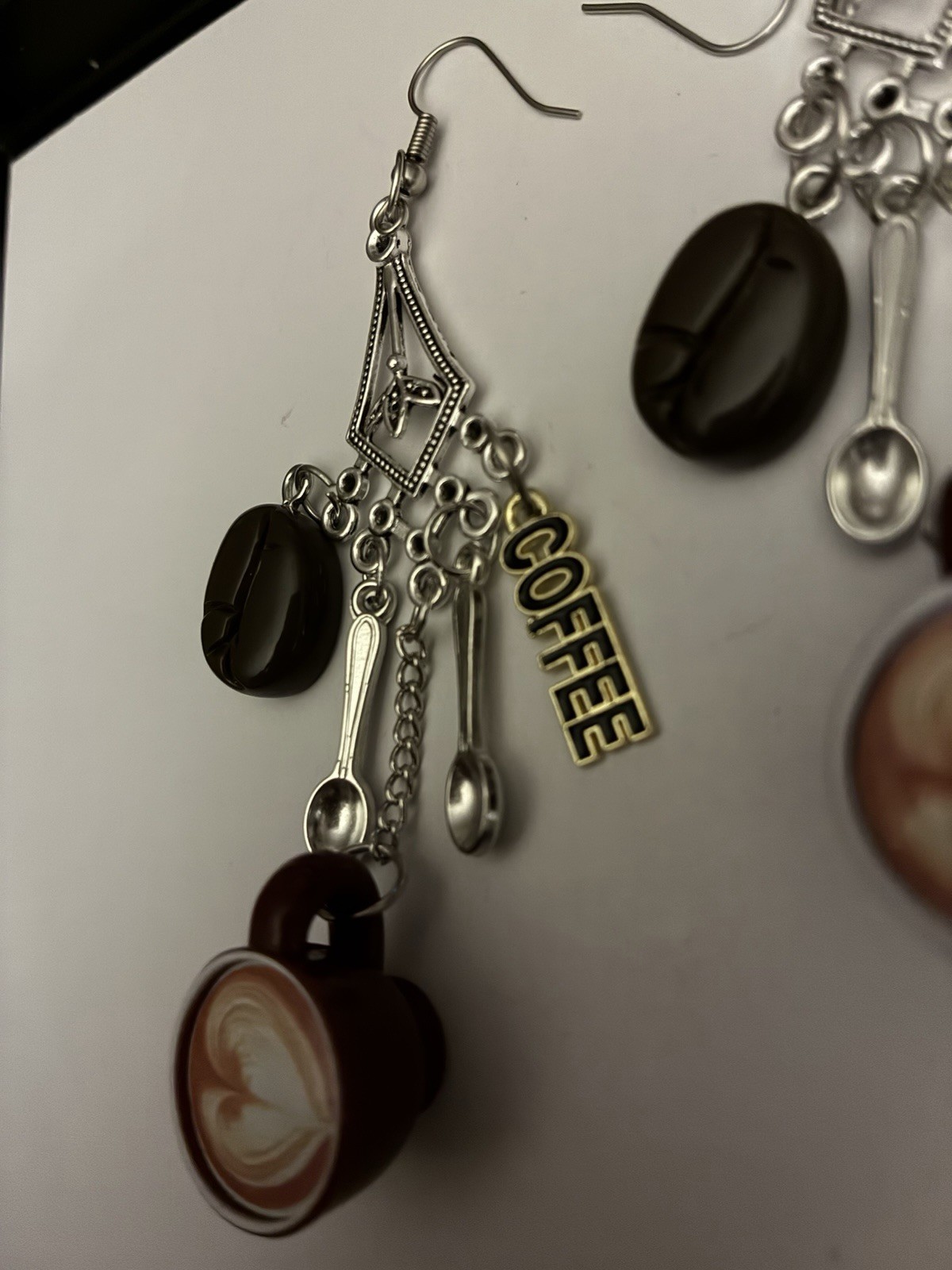 Handmade Coffee Charm Dangle Earrings with Cup and Spoon Charms