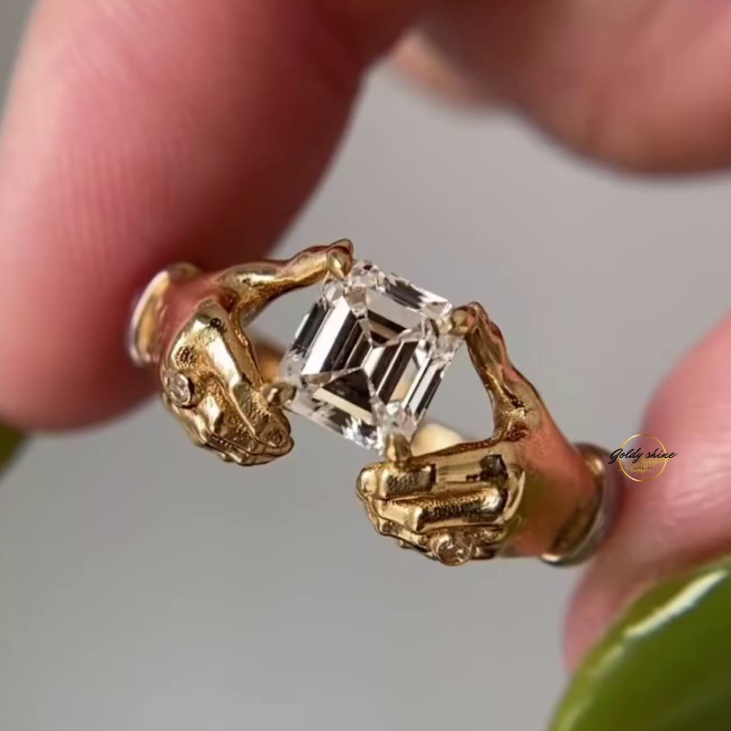 1 Ct Asscher Cut Moissanite Grasping Hands Artistic Ring 14K Yellow gold plated