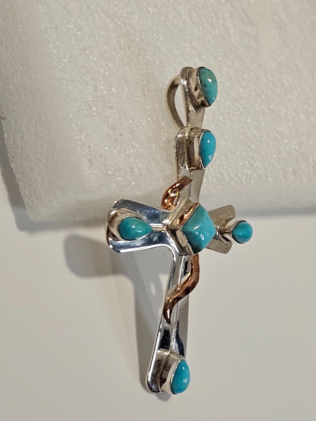 Jay King sterling silver turquoise cross pendant copper detail signed DTR