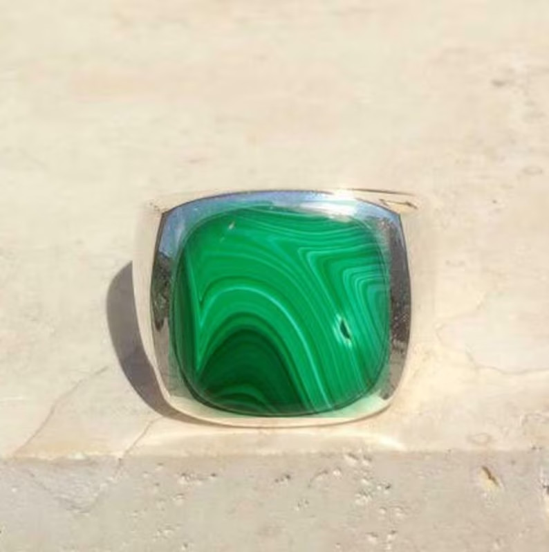 Solid 925 Sterling Silver Natural Flat Green Malachite Gemstone Gift Men’s Ring