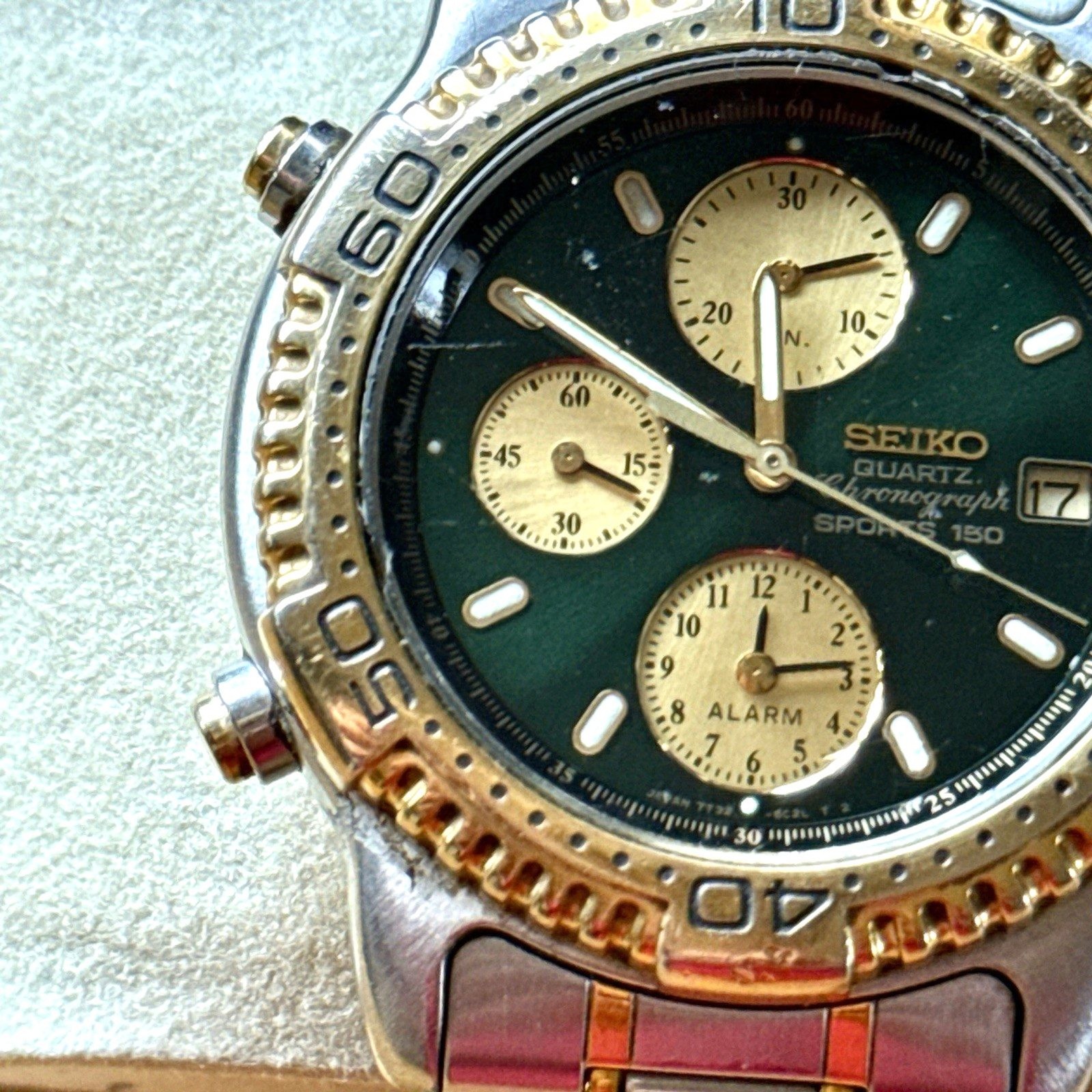 Rare 1989 Seiko Chronograph Sports 150 Watch Green Dial Two Tone Date