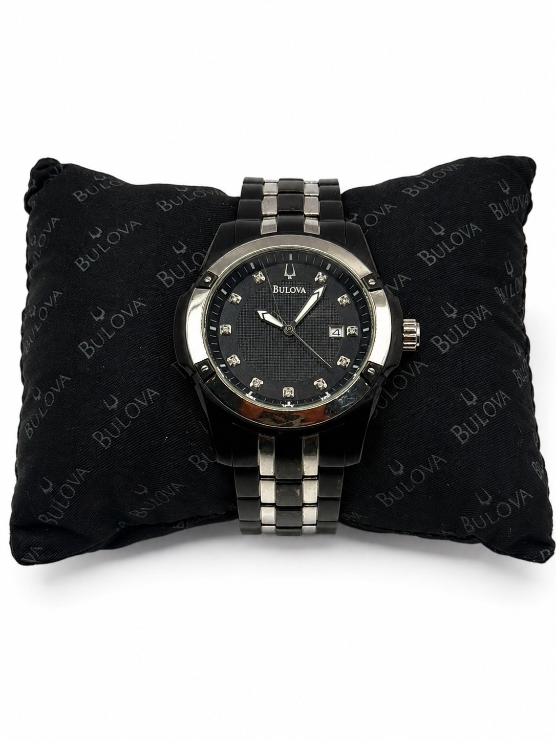 Bulova Stainless Steel Black With Diamonds Around Dial Black Face w/Original Box