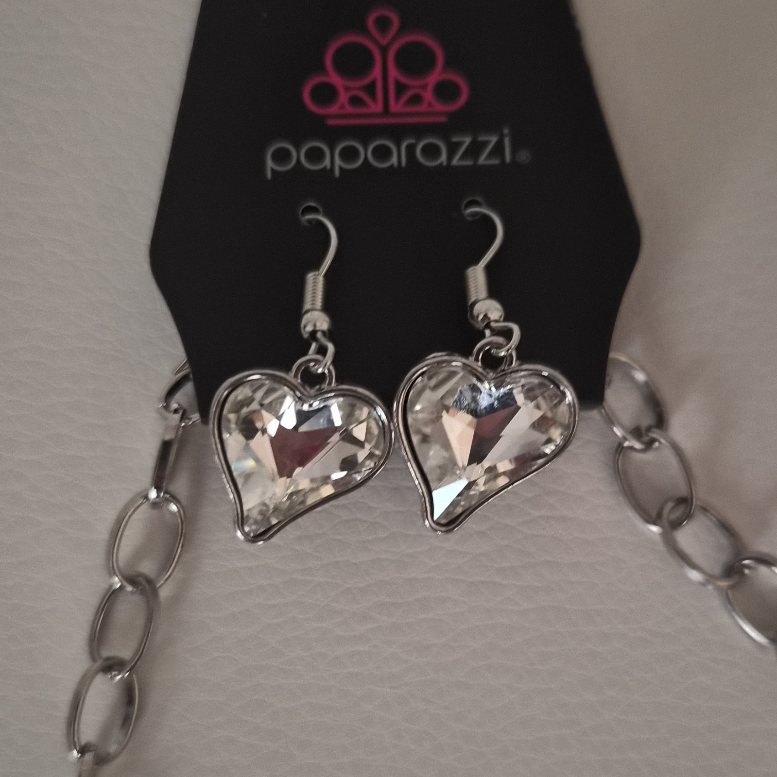 Paparazzi Silver Tone Heart Clear Rhinestone Bracelet & Dangle Earrings Set
