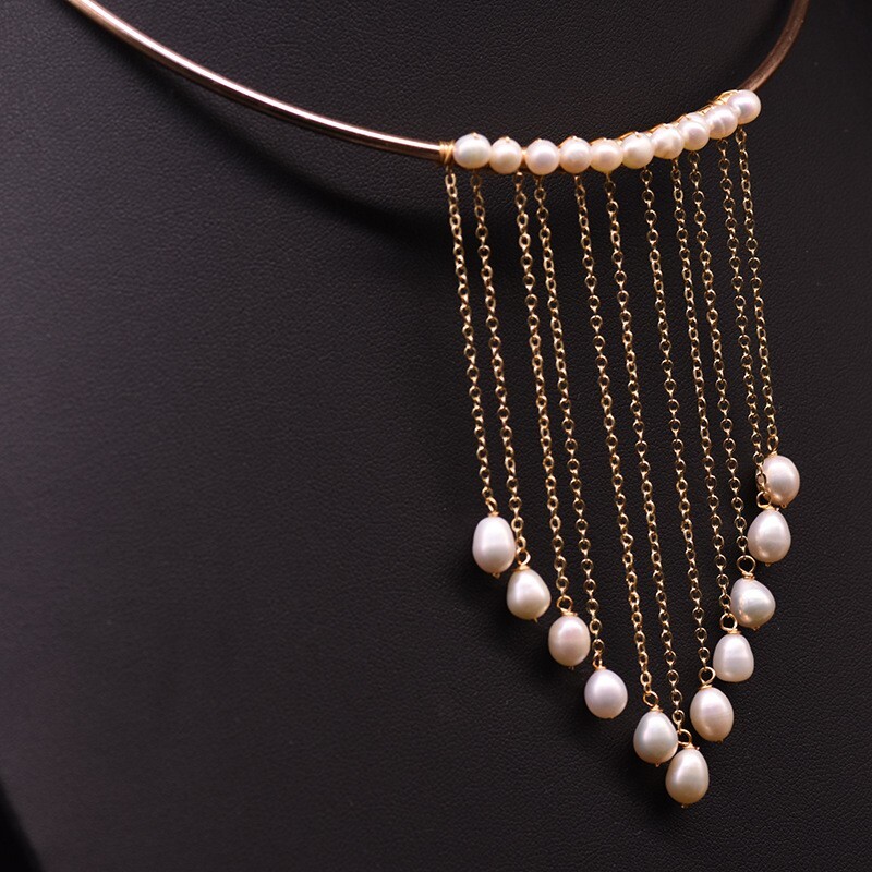 18″South Sea White Pearl Baroque Tassel Collar Elegant Retro Necklace 14K Glod P