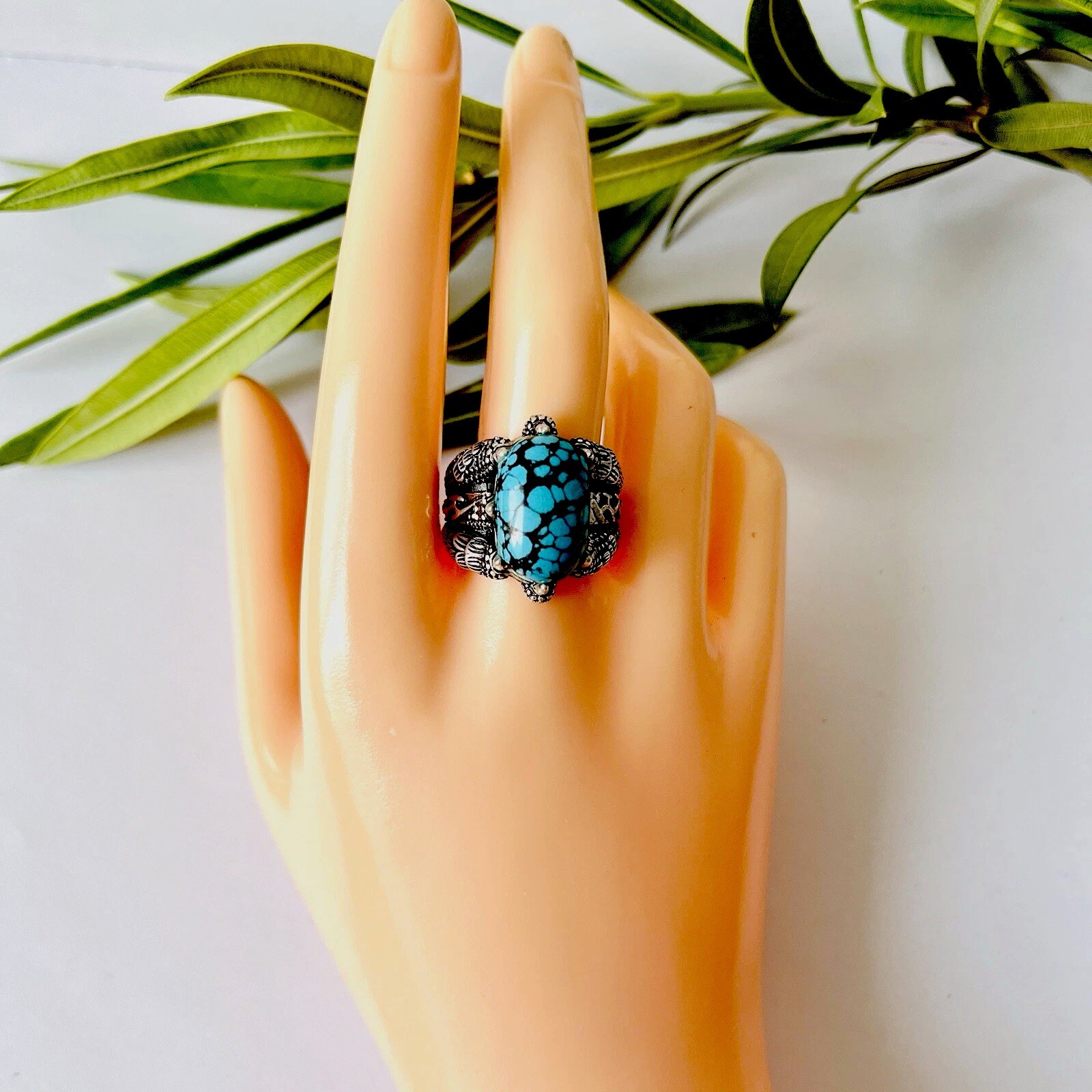 Natural Spiderweb Turquoise Eagle Claw Ring Men’s Unique Jewelry Size Fixable