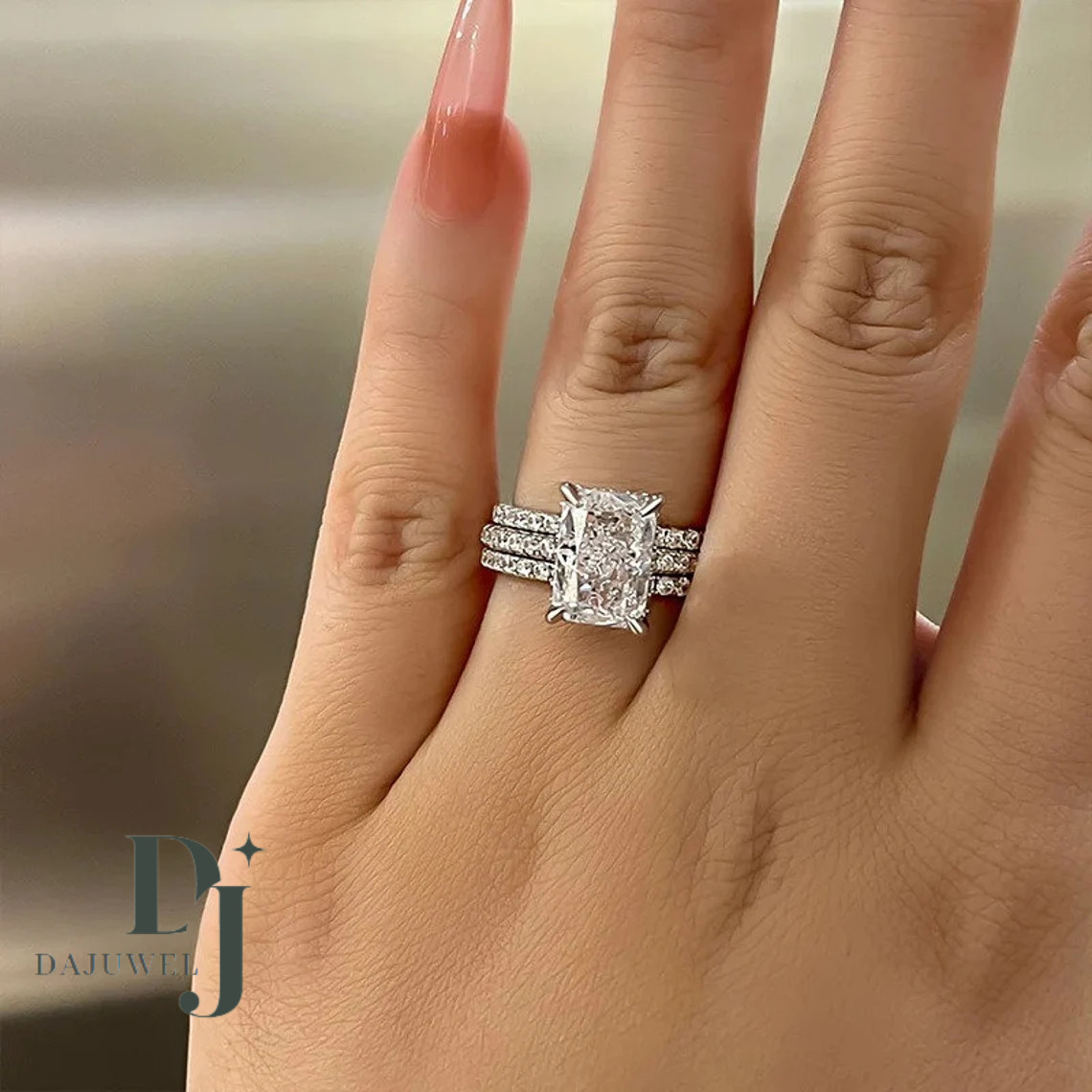 Trio Set Moissanite Engagemement Ring Solid 14K White Gold 3 Carat Radiant Cut