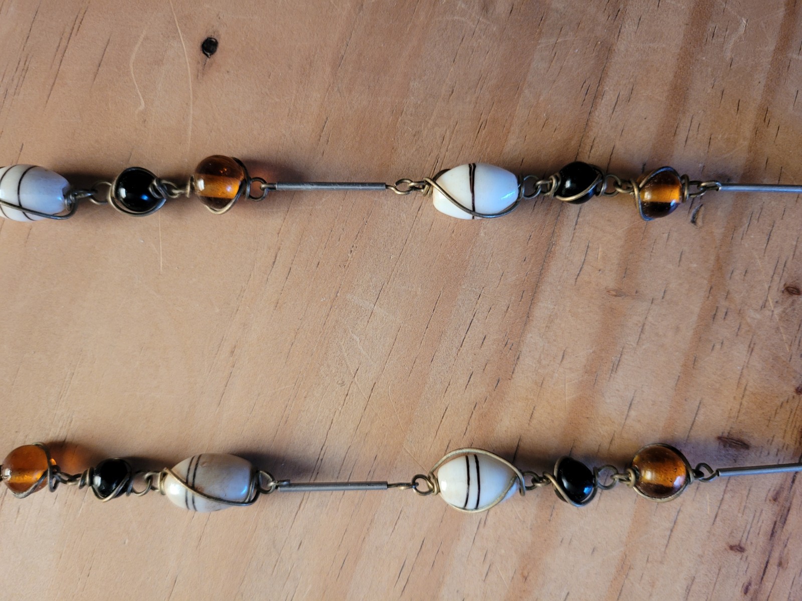 Station Beaded Glass Necklace White Oval Black Stripe & Amber Brown Beads 31-36″