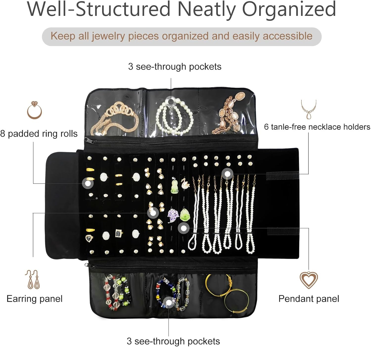 Velvet Travel Jewelry Case Roll Bag Organizer for Necklace Bracelet Earrings