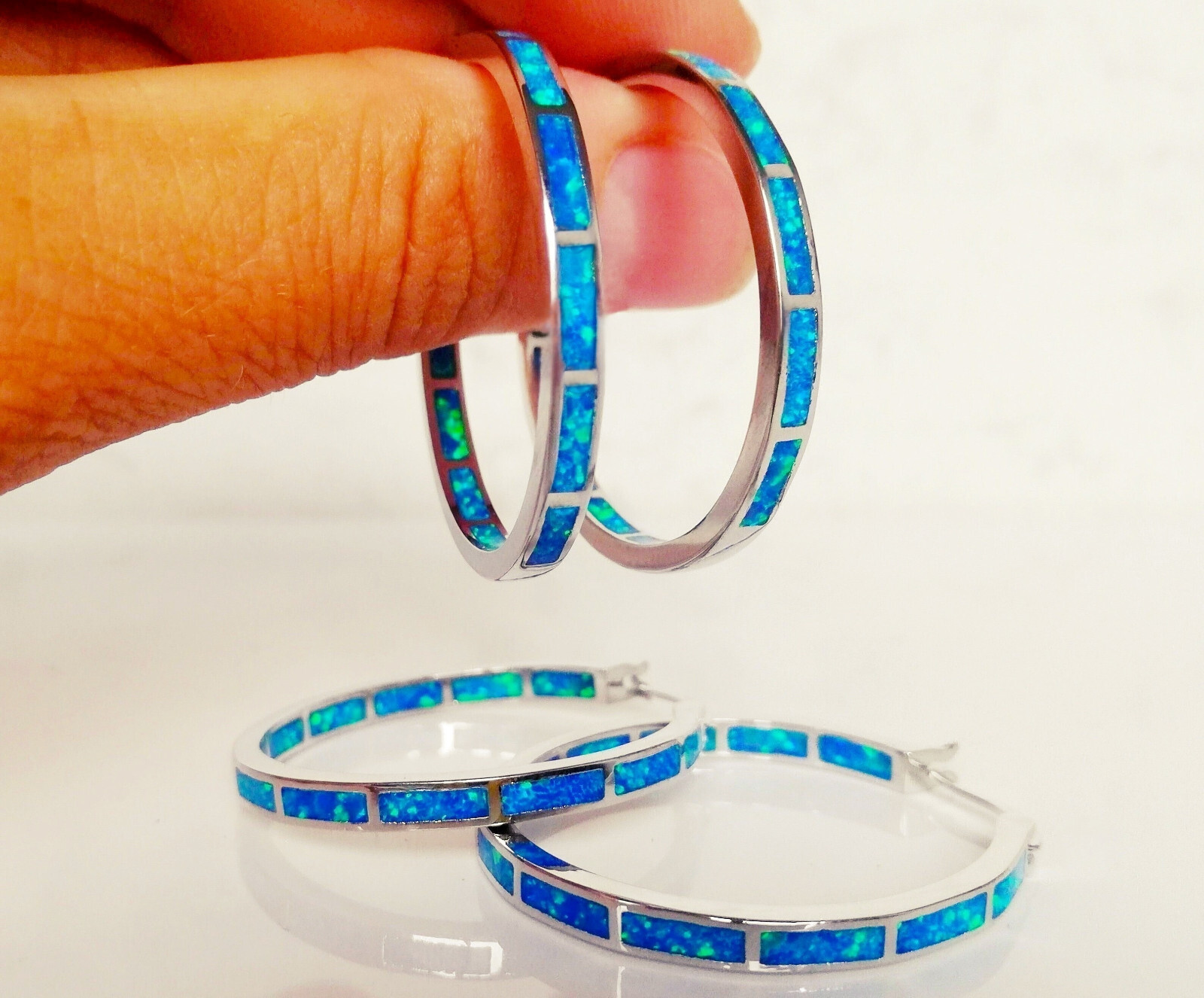 Blue Opal Hoop Earrings Fire Opal Huggies Opal Hoops Silver Stainless Steel Both Sided New