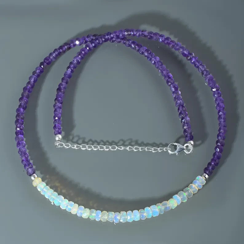 Handmade Natural Welo Fire Opal & Amethyst Beaded Necklace 925 Silver 18″ Gift