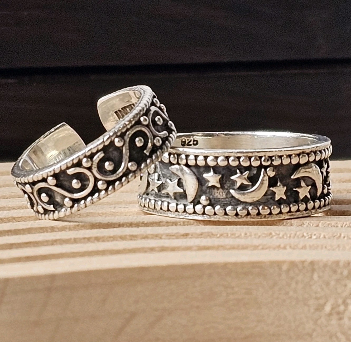 925 Sterling Silver Celestial Design Oxidized Finish Ring Size 4 & 8.25 – 9.6g
