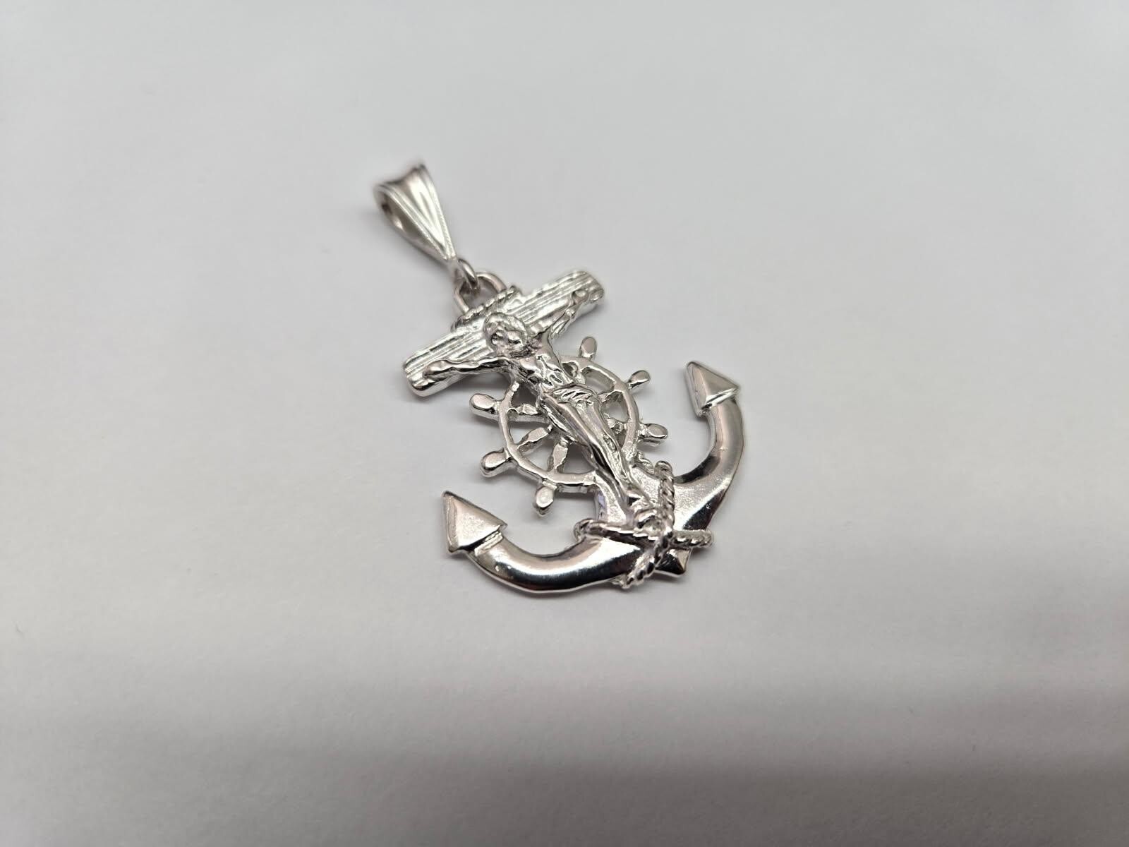 925 Sterling Silver Anchor Mariner Crucifix Cross Pendant 1 1/4 Inch (31mm)