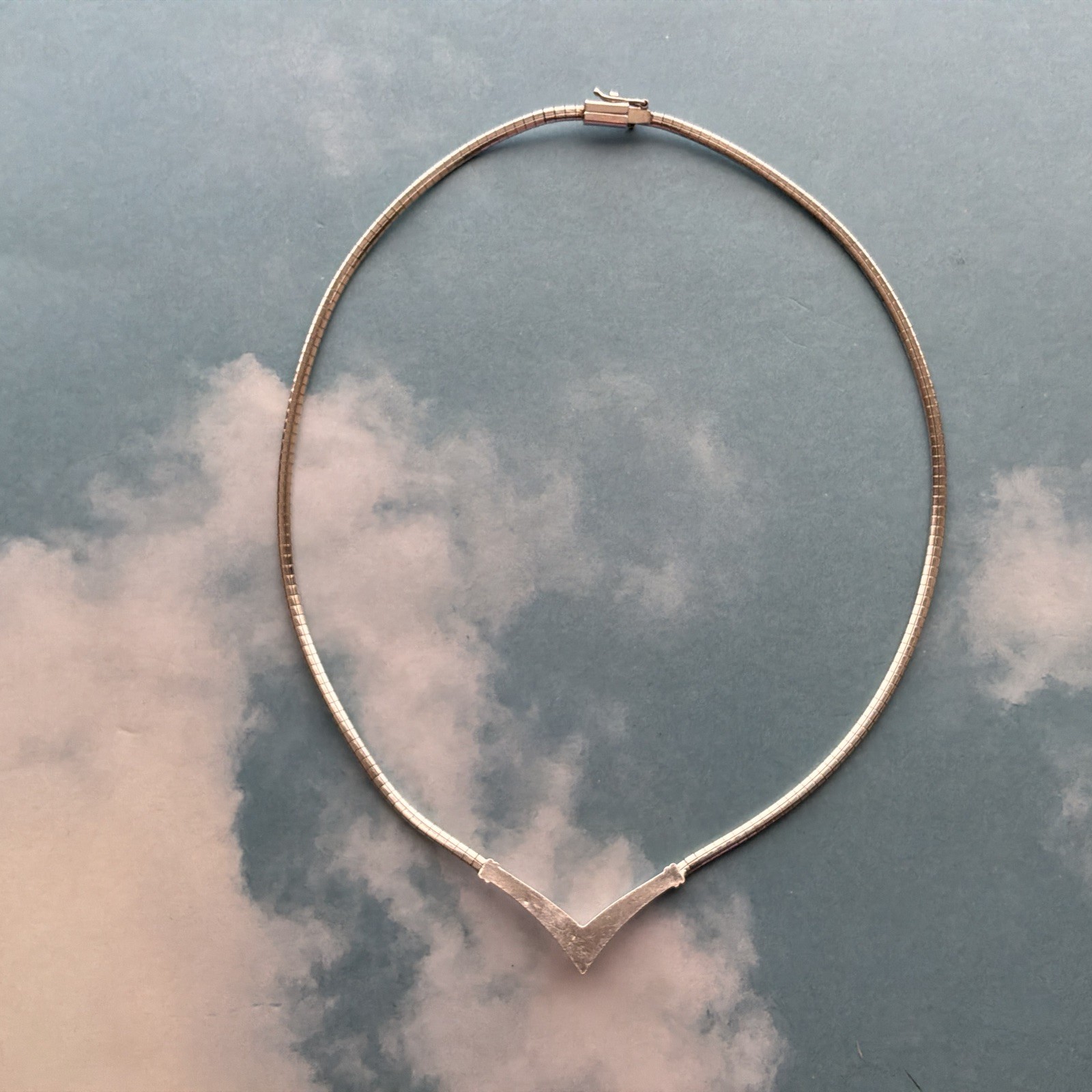 Sterling Silver Snake Chain W/V Shape Collar Necklace, Stamped 925 Made In Italy