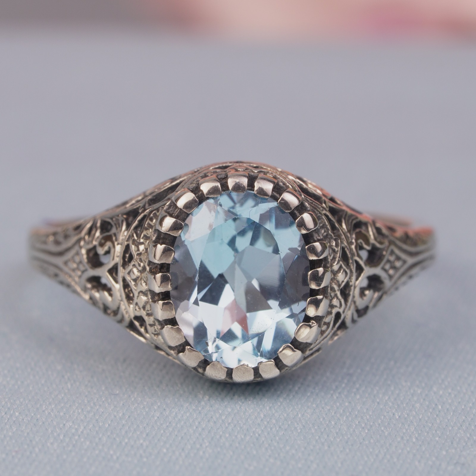 Silver925 Natural Natural Blue Topaz Vintage Filigree Ring