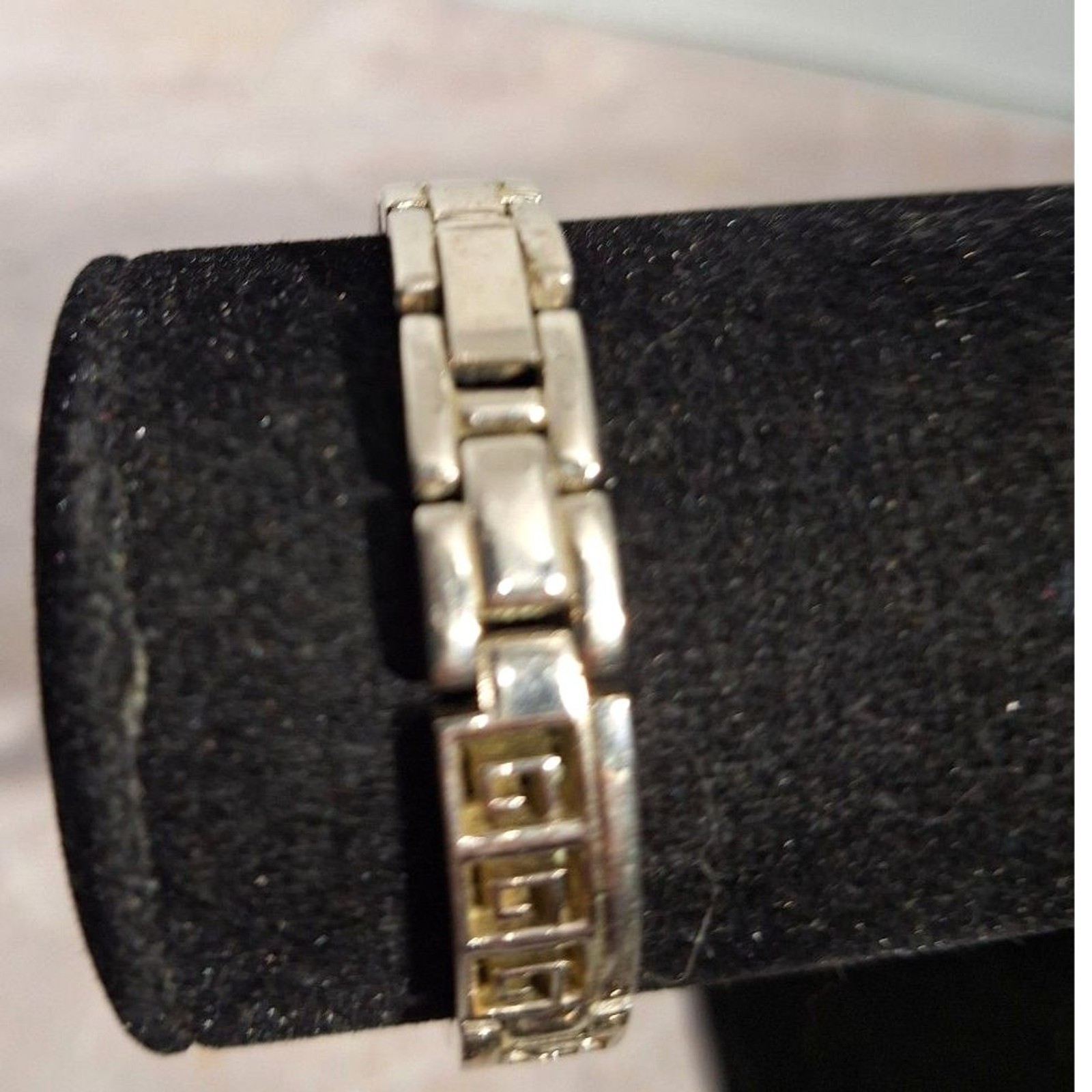 A Vintage Silver Tone Greek Key Link Bracelet Geometric Classic Mediterranean