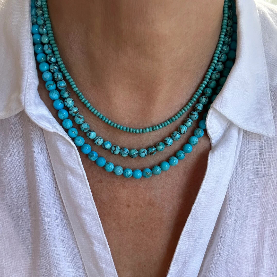 Soft Sky Blue Kingman Arizona Turquoise Necklace, 6mm Round Gemstone Choker