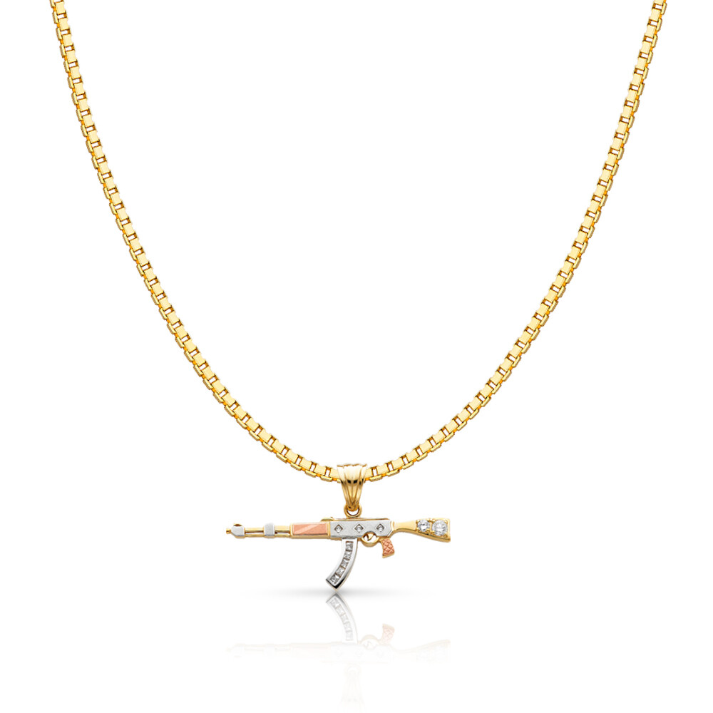 14K Tri Color Gold CZ Rifle Gun Charm Pendant & 1.2mm Box Chain Necklace