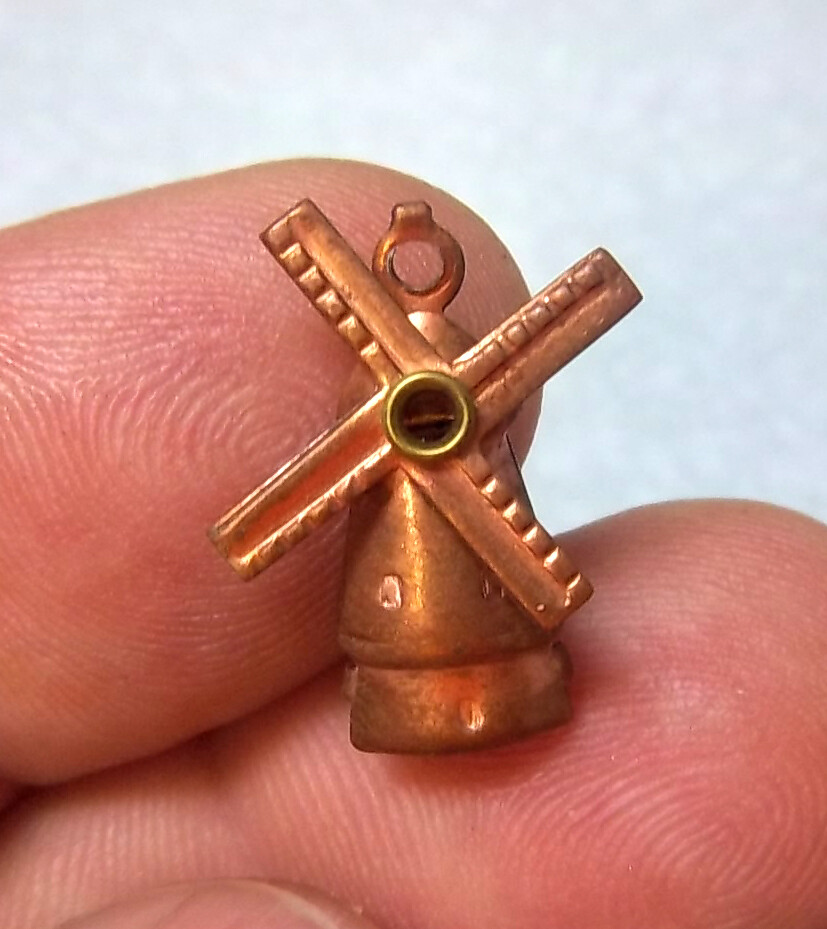 Vintage 1950s copper coated steel WINDMILL charm, blades rotate! cool older item