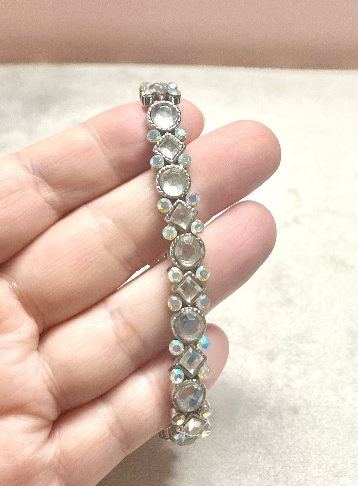 Vintage Aurora Borealis AB Rhinestone Stretch Bracelet Silver Tone Crystal