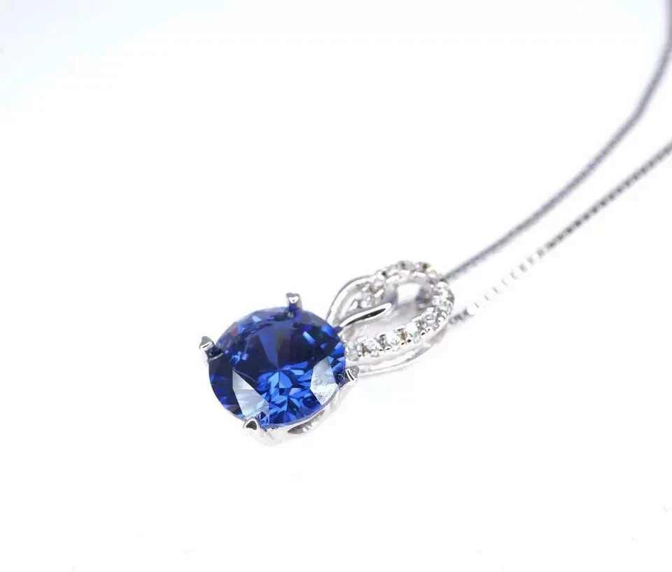 2Ct Round Cut Blue Tanzanite Solitaire Pendant 14K White Gold Finish Free Chain