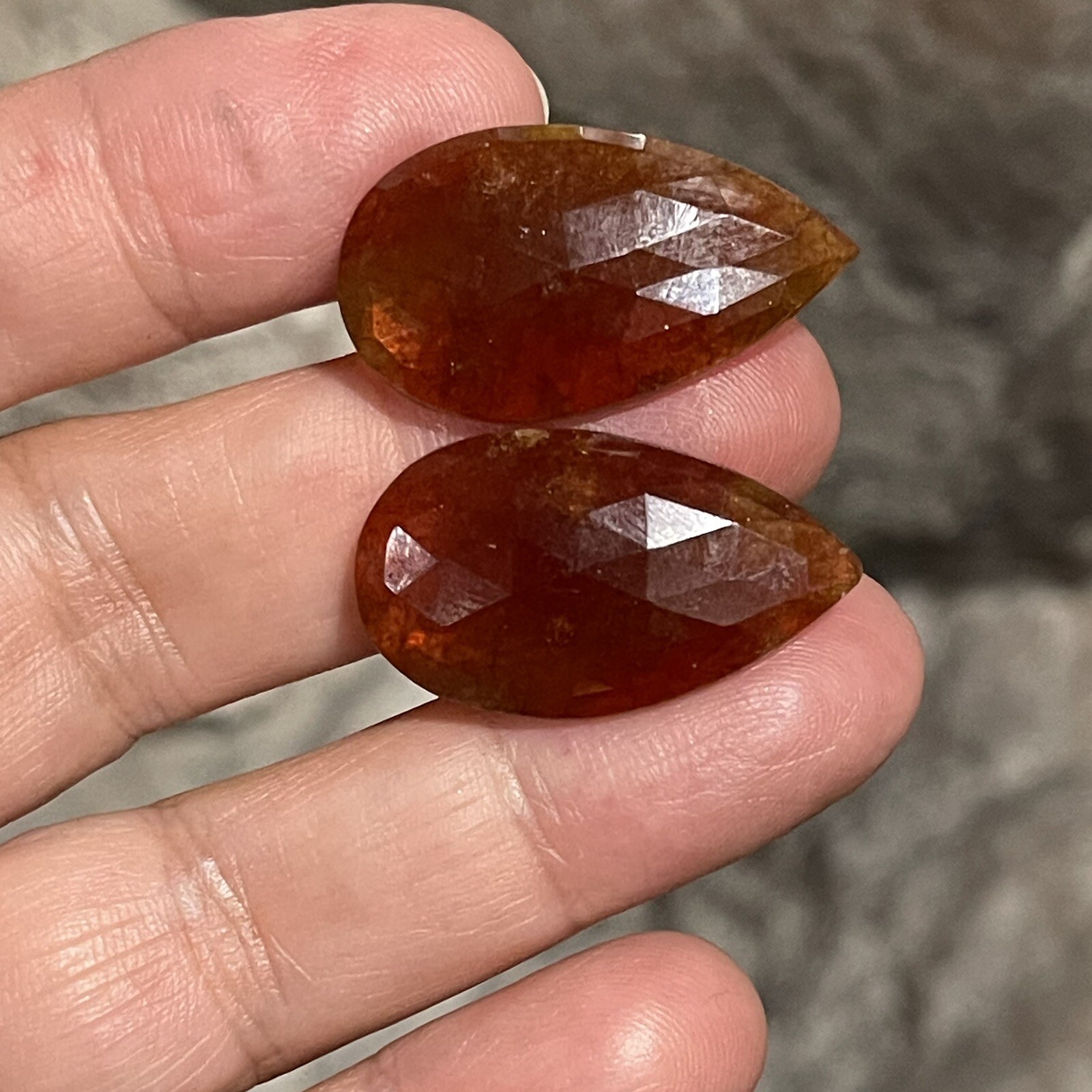 37.5ct 28x16x4.5mm Pair Fine Rose Cut Flat Back Hessonite Garnet Drop Cabochons