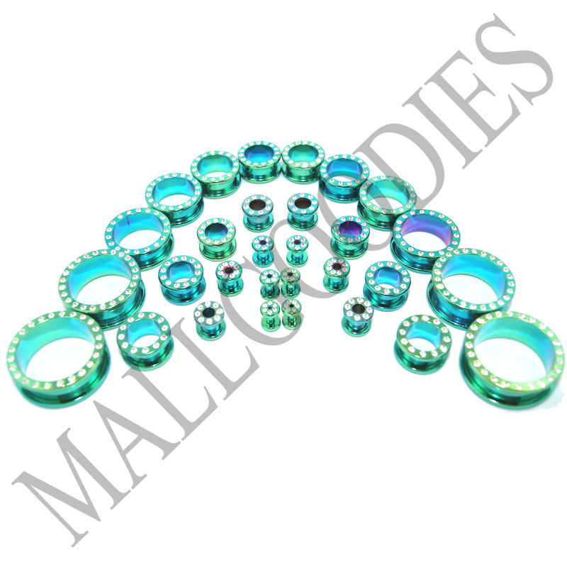 V047 Surgical Steel Screw-on/fit Green CZ Flesh Tunnels Ear Plugs 10G to 1″