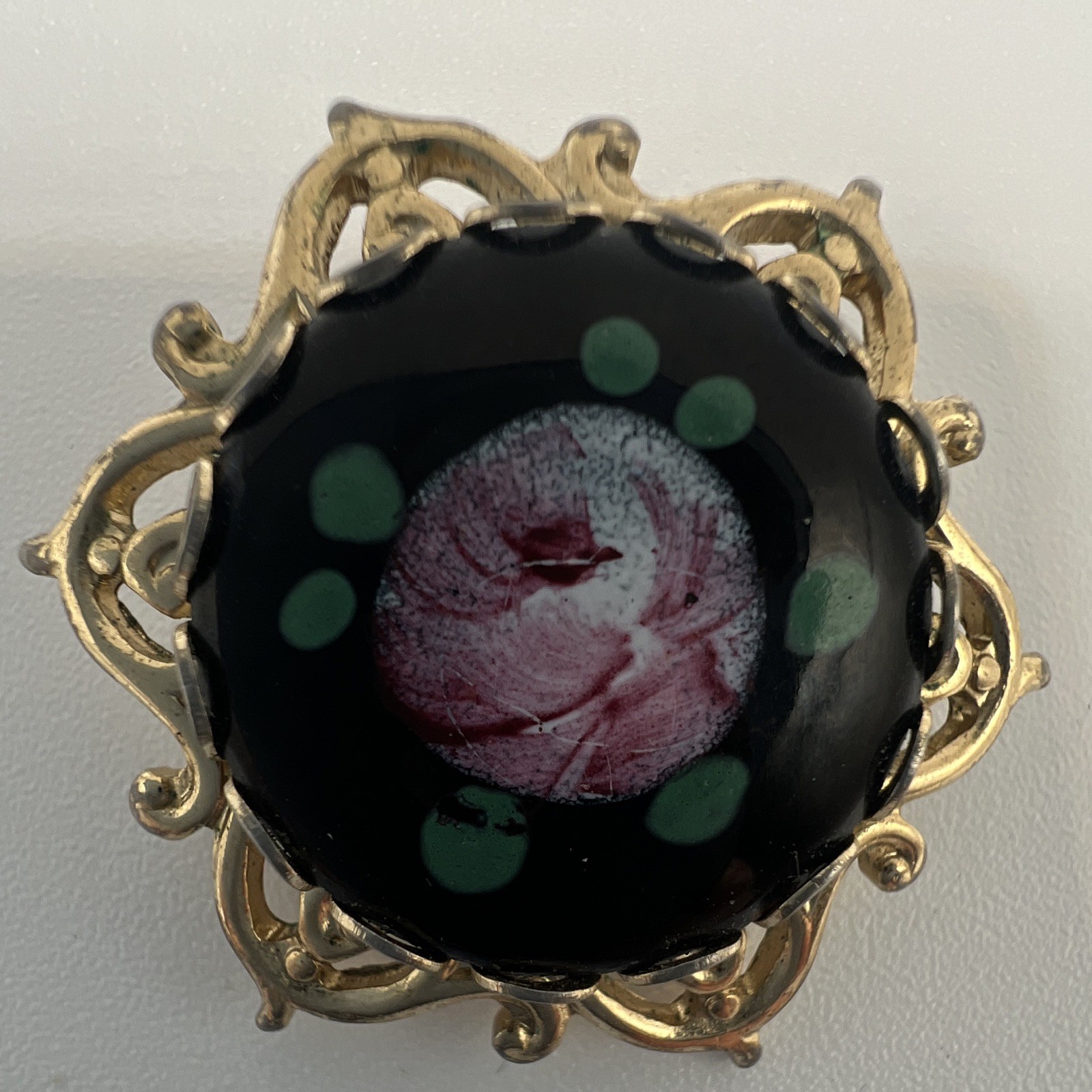 Pink Black Green Guilloche Enamel Painted Flower Gold Tone Metal Brooch Vintage