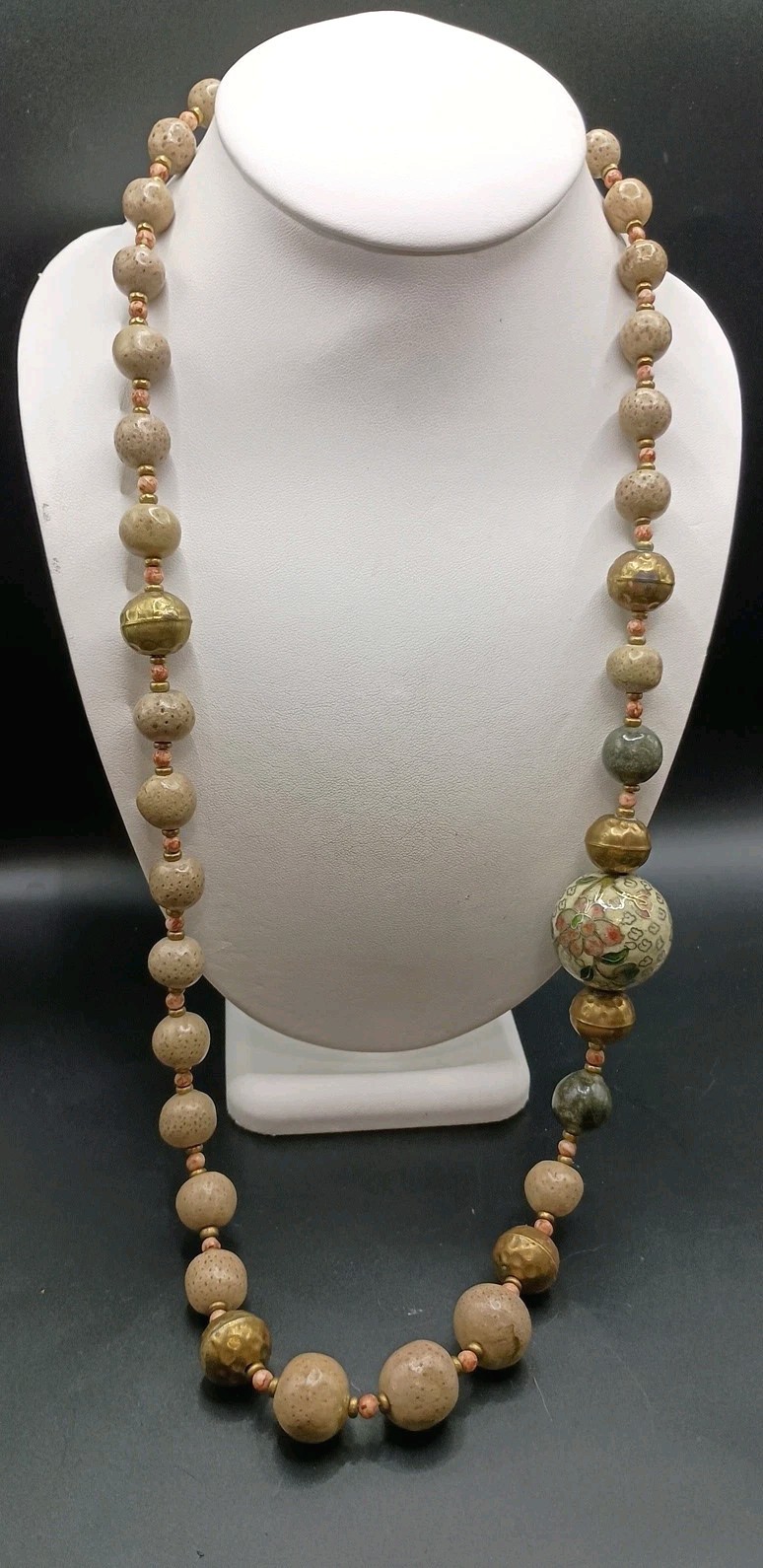 Vintage Chinese Export Cloisonne Floral Beaded Necklace Clay Brass 32” Long