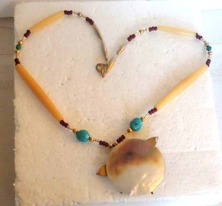 Dragonfly Necklace / Abalone-Brass-Turquoise-Simulated Bone 20”