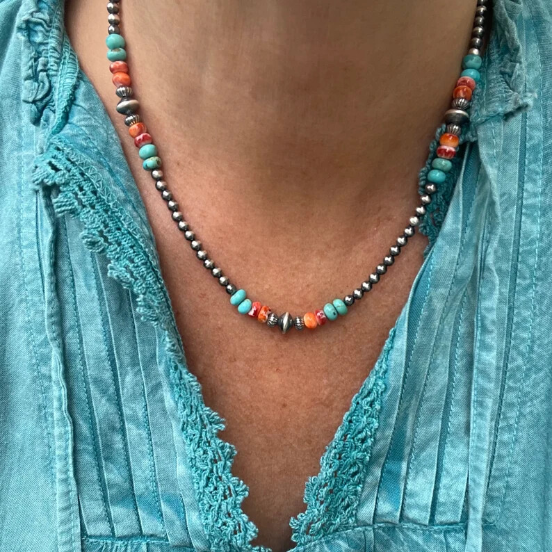 Kingman Turquoise and Spiny Oyster Necklace | Sterling Silver Navajo Jewelry