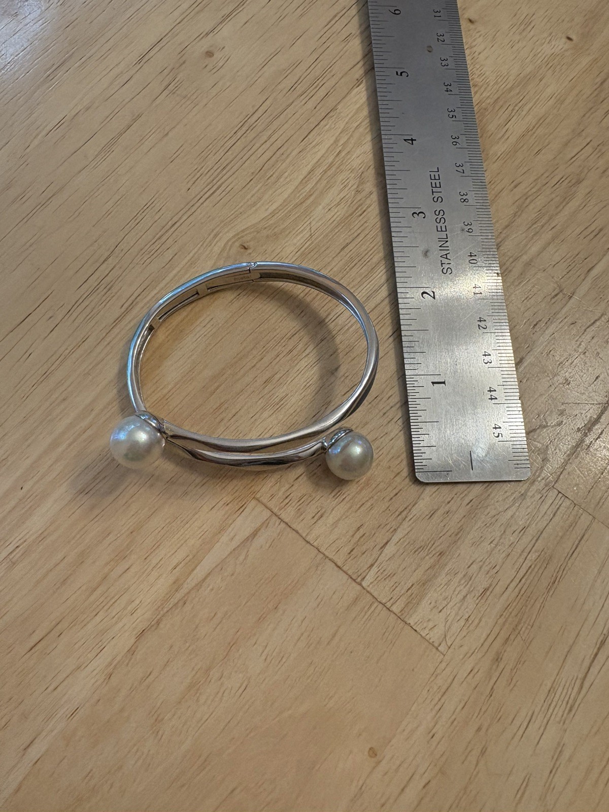 Majorica Sterling Silver Imitation Pearl Hinged Bypass Bangle Bracelet